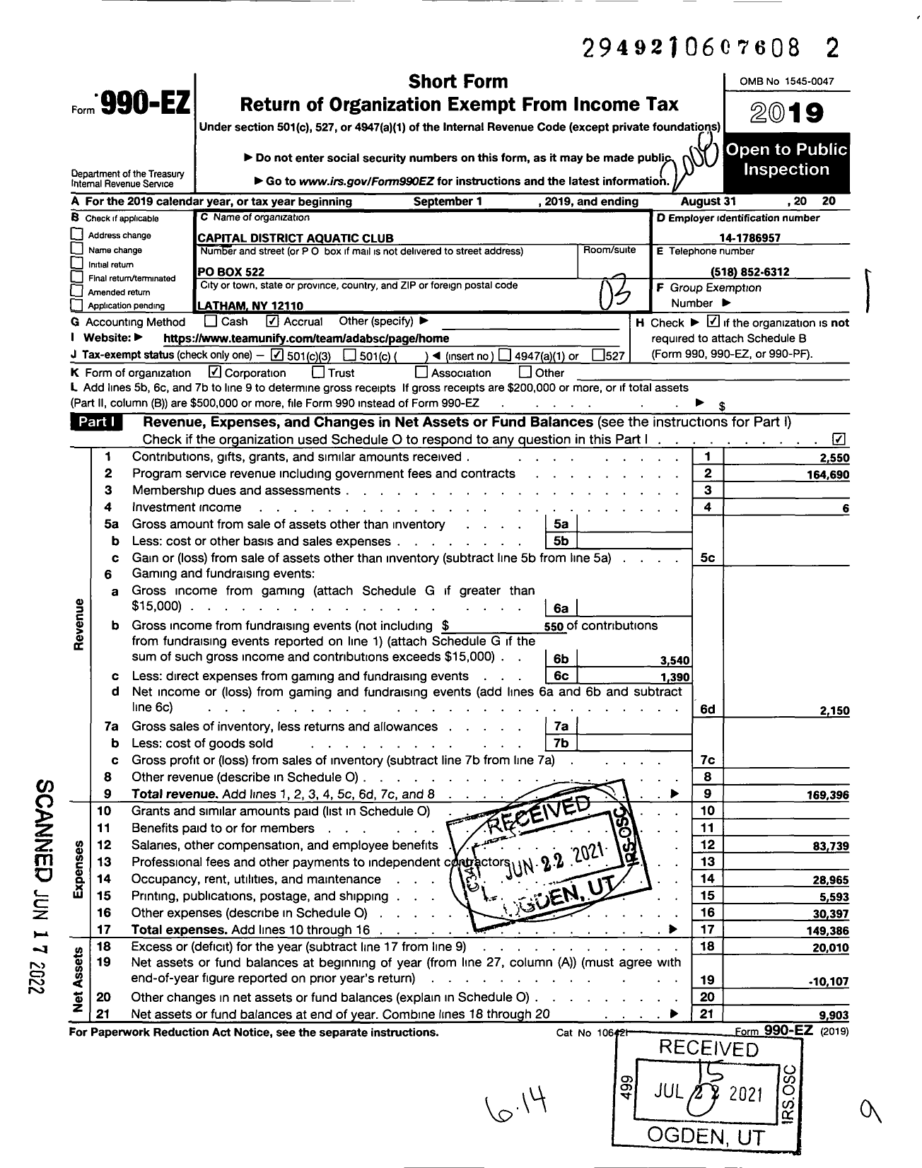 Image of first page of 2019 Form 990EZ for Capital District Aquatics Corporation