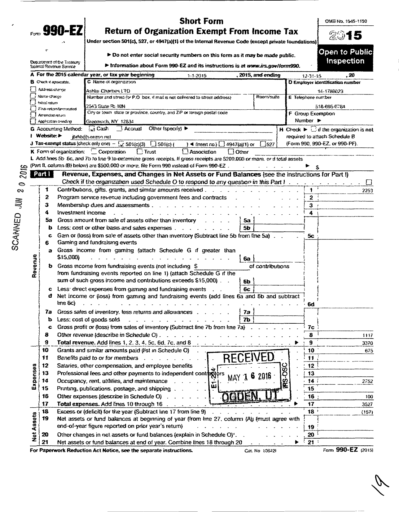 Image of first page of 2015 Form 990EZ for Ashlar Charities