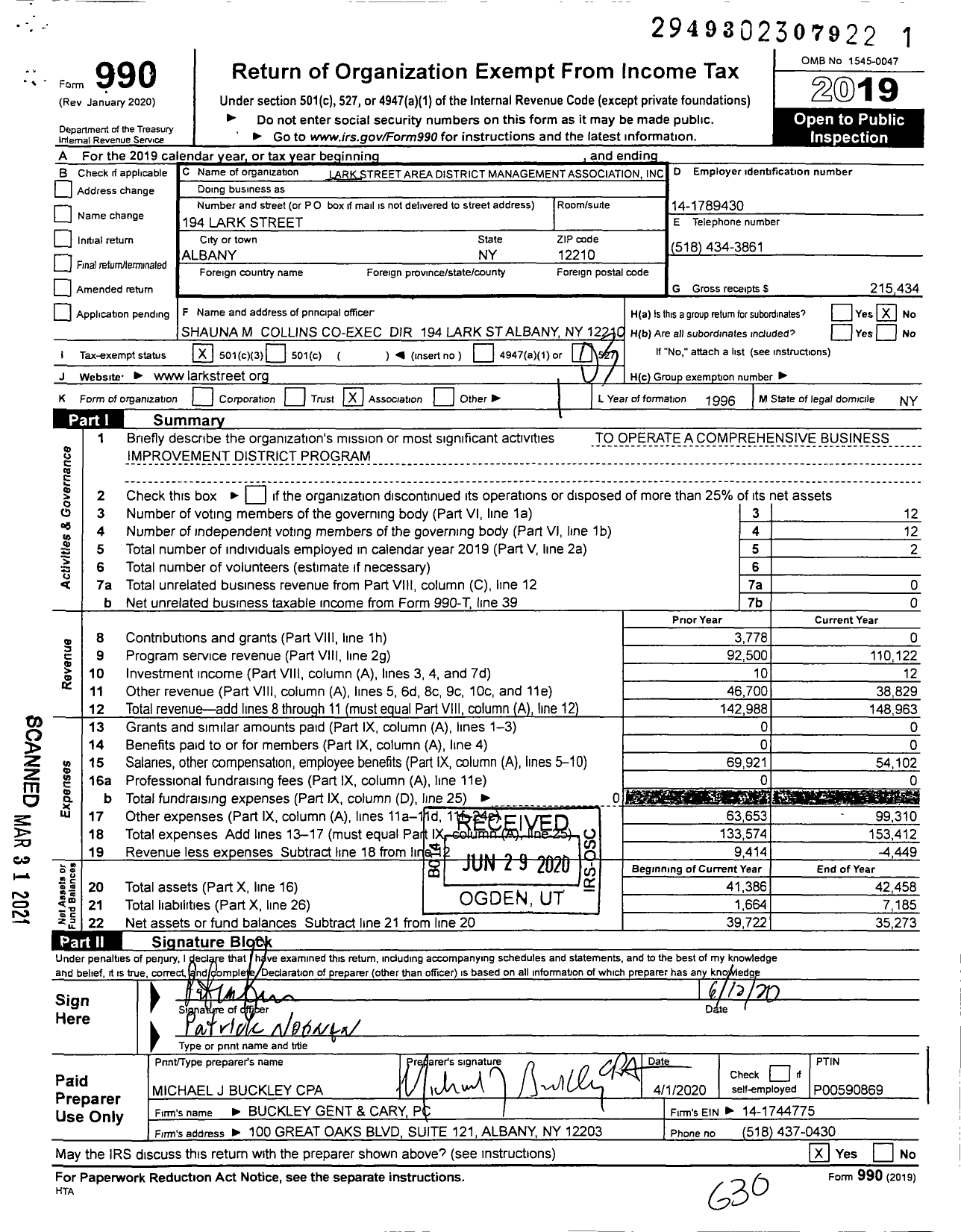 Image of first page of 2019 Form 990 for Lark Street Area District Management Association