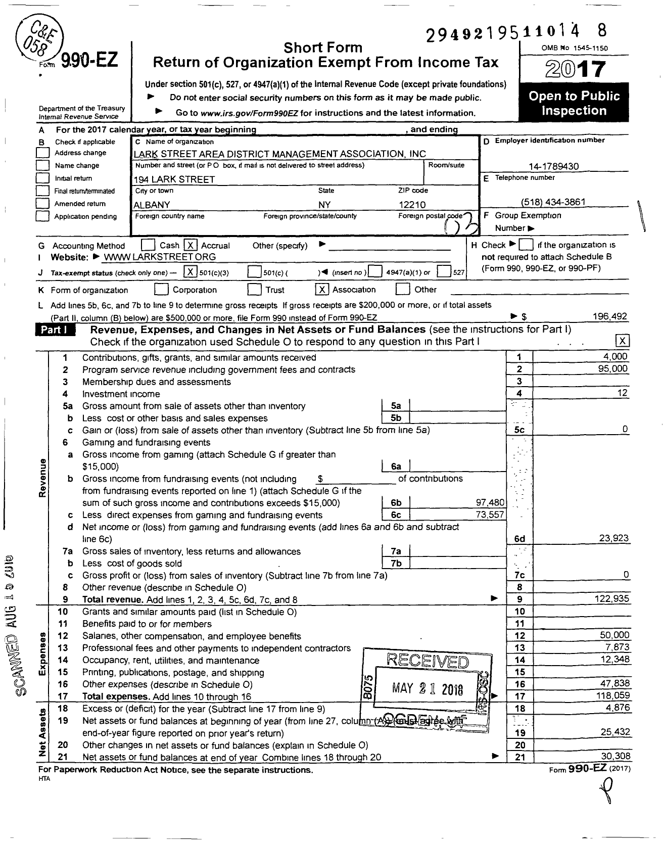 Image of first page of 2017 Form 990EZ for Lark Street Area District Management Association