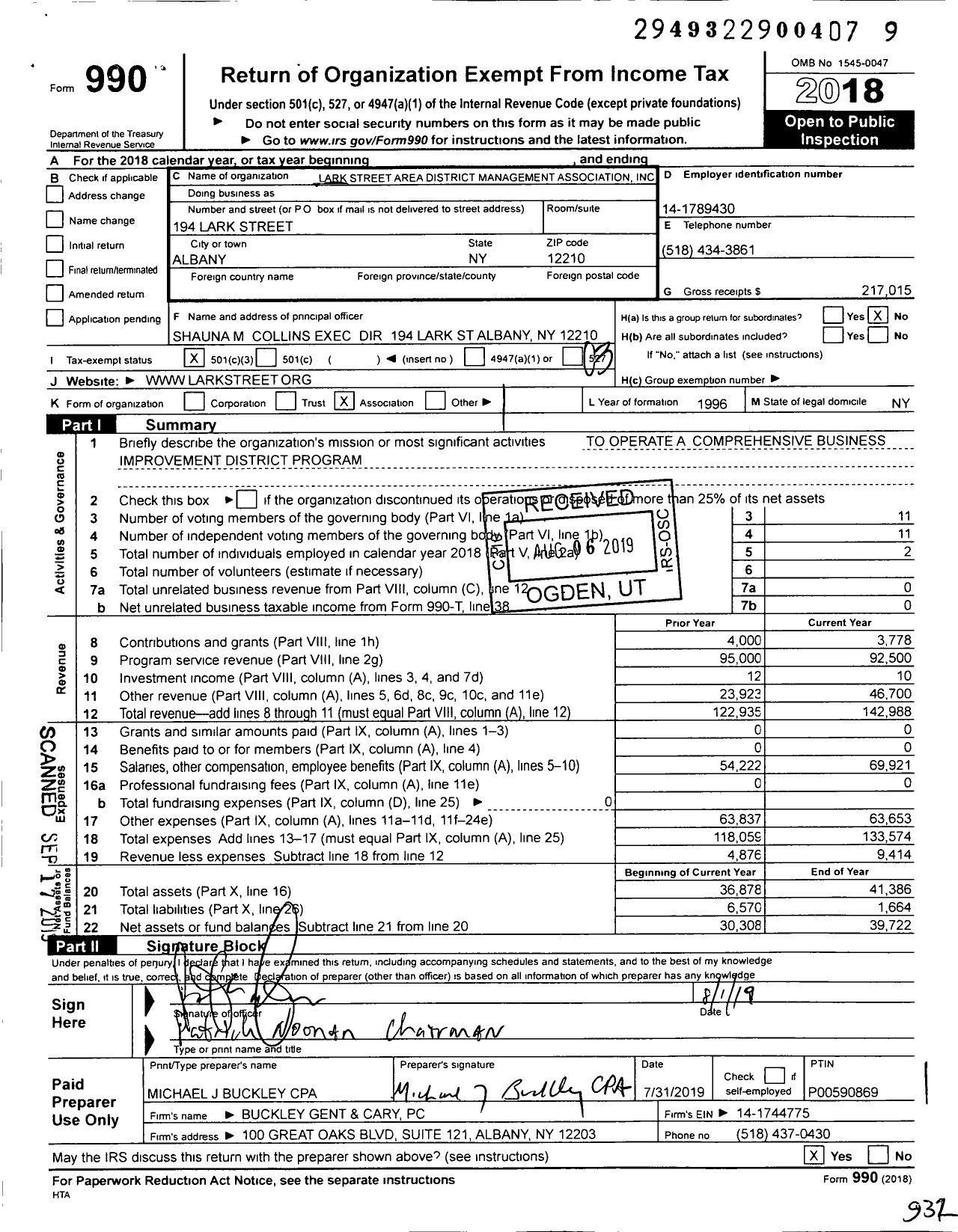 Image of first page of 2018 Form 990 for Lark Street Area District Management Association