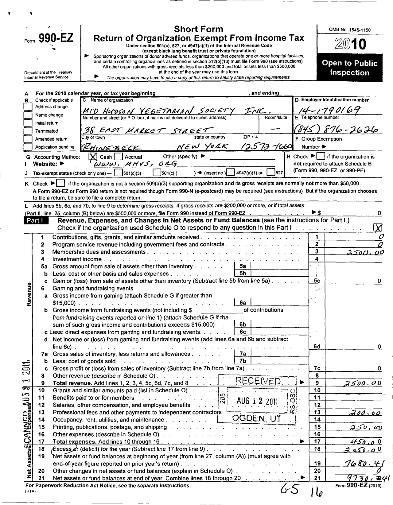 Image of first page of 2010 Form 990EO for Mid Hudson Vegetarian Society