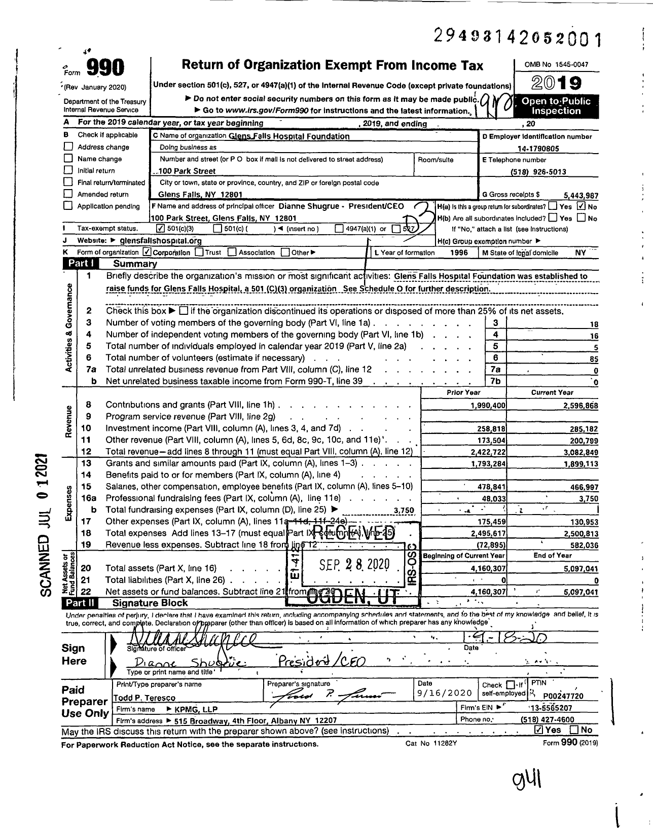 Image of first page of 2019 Form 990 for Glens Falls Hospital Foundation