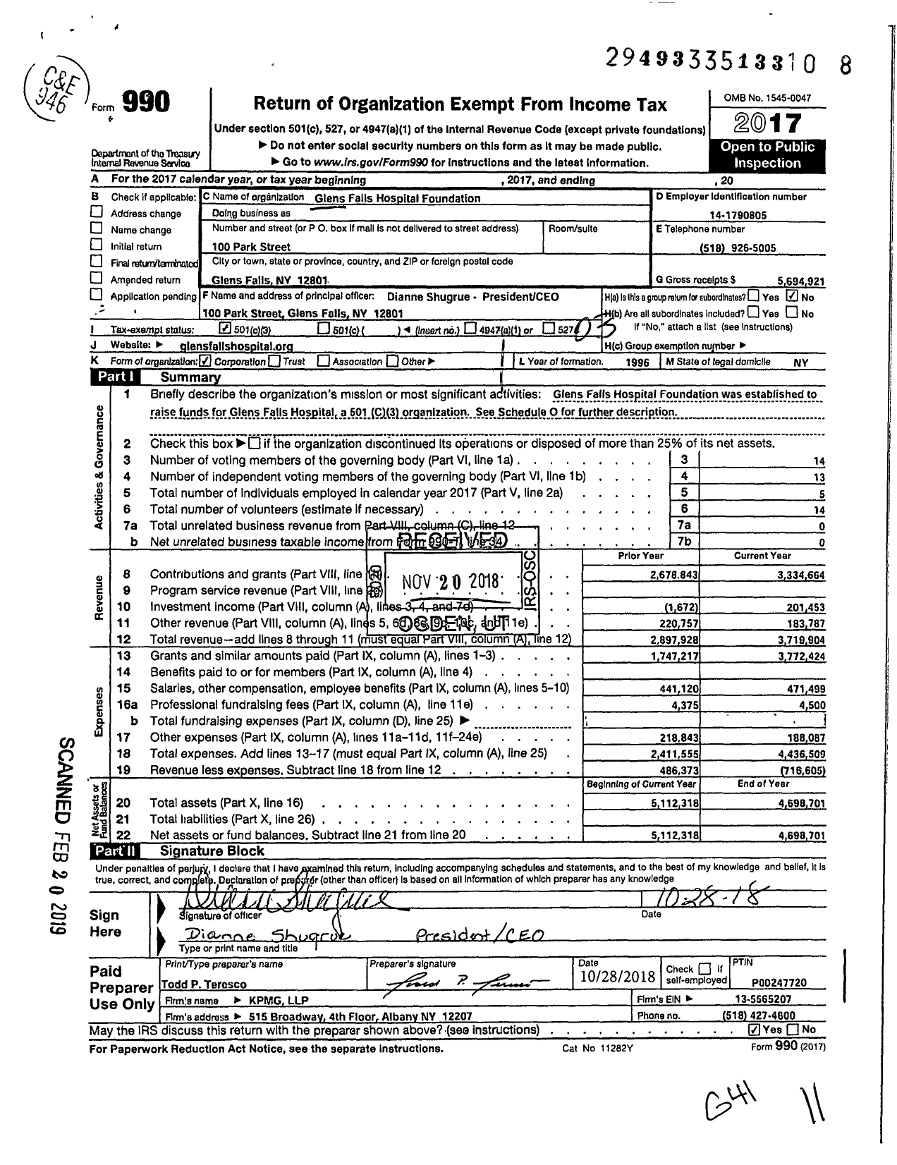 Image of first page of 2017 Form 990 for Glens Falls Hospital Foundation