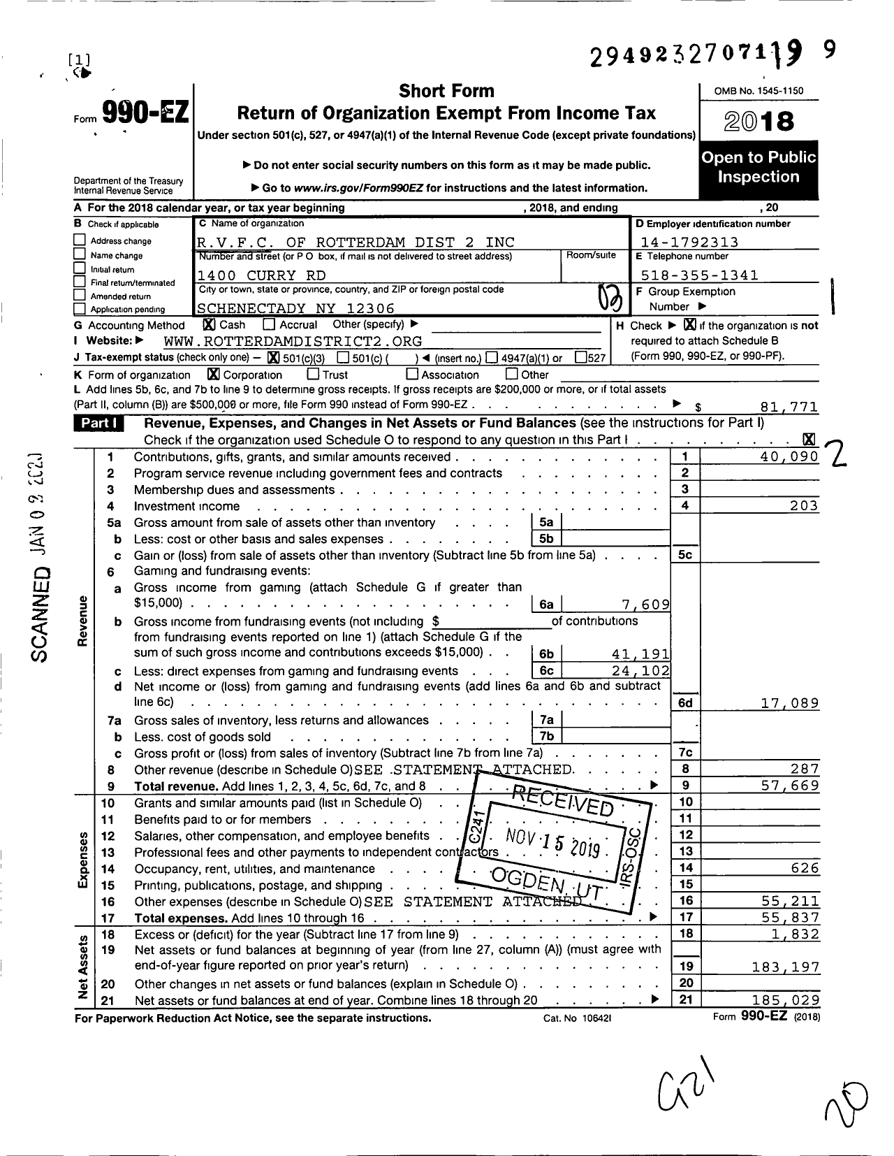 Image of first page of 2018 Form 990EZ for Rotterdam Volunteer Fire Company of Rotterdam District 2