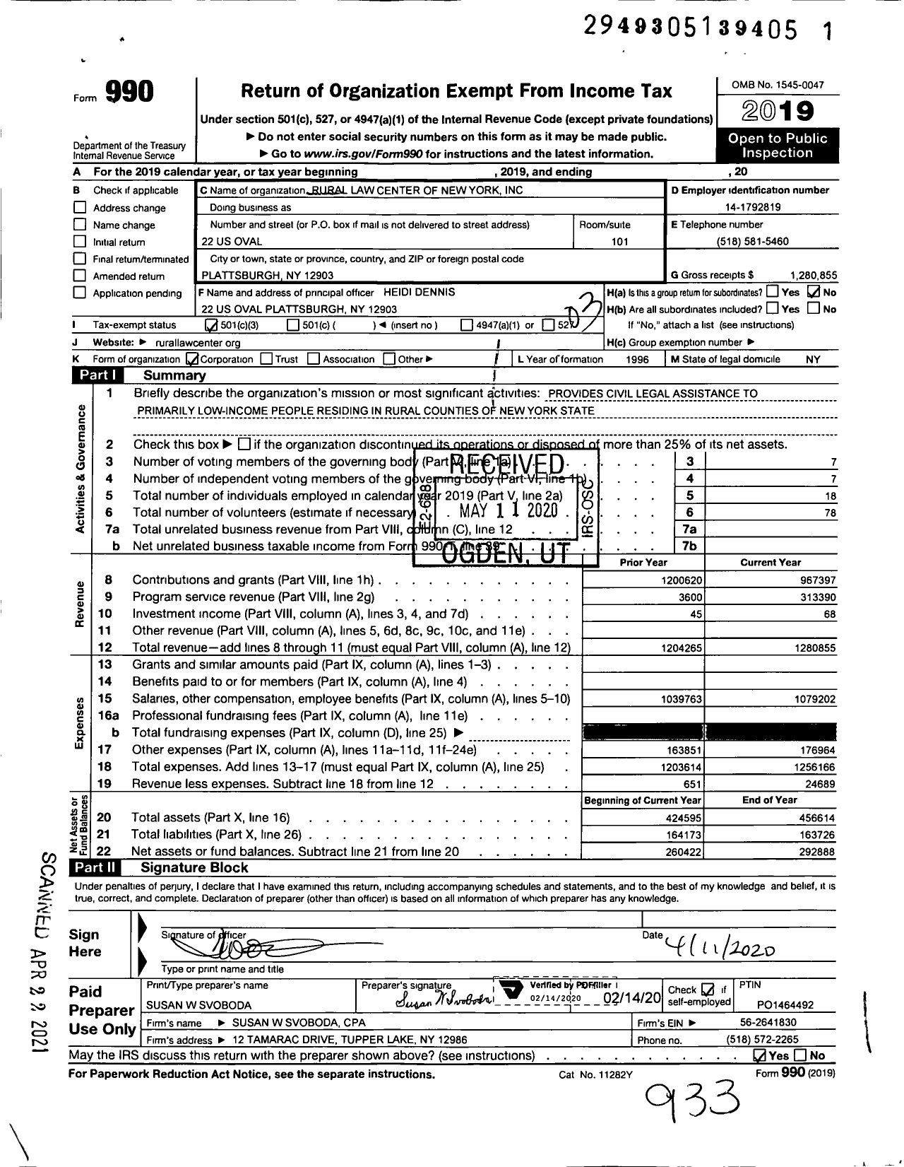 Image of first page of 2019 Form 990 for Rural Law Center of New York
