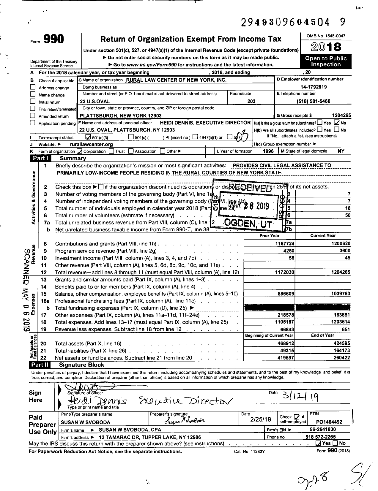 Image of first page of 2018 Form 990 for Rural Law Center of New York