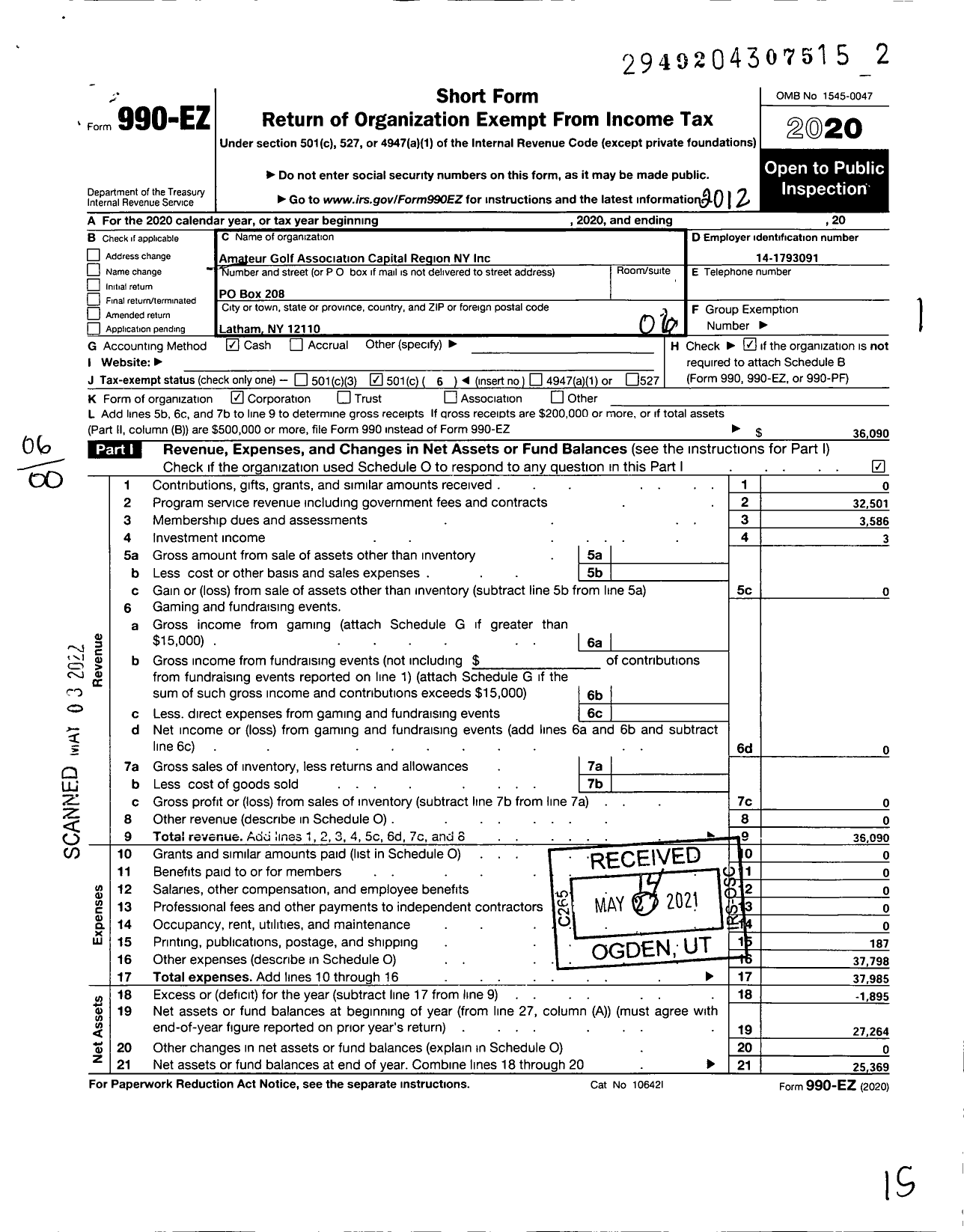 Image of first page of 2020 Form 990EO for Executive Womens Golf Association / Albany Chapter