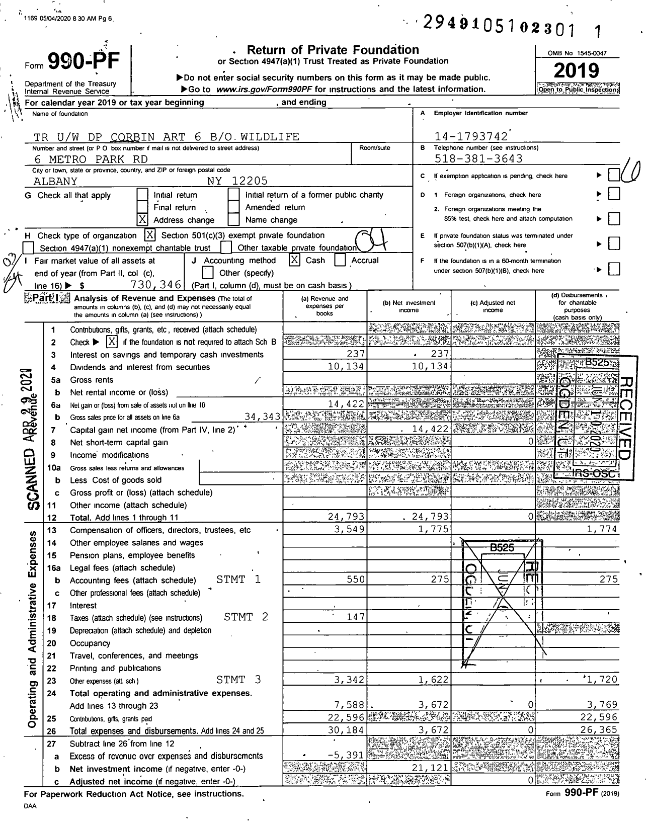 Image of first page of 2019 Form 990PF for TR Uw DP Corbin Art 6 Bo Wildlife