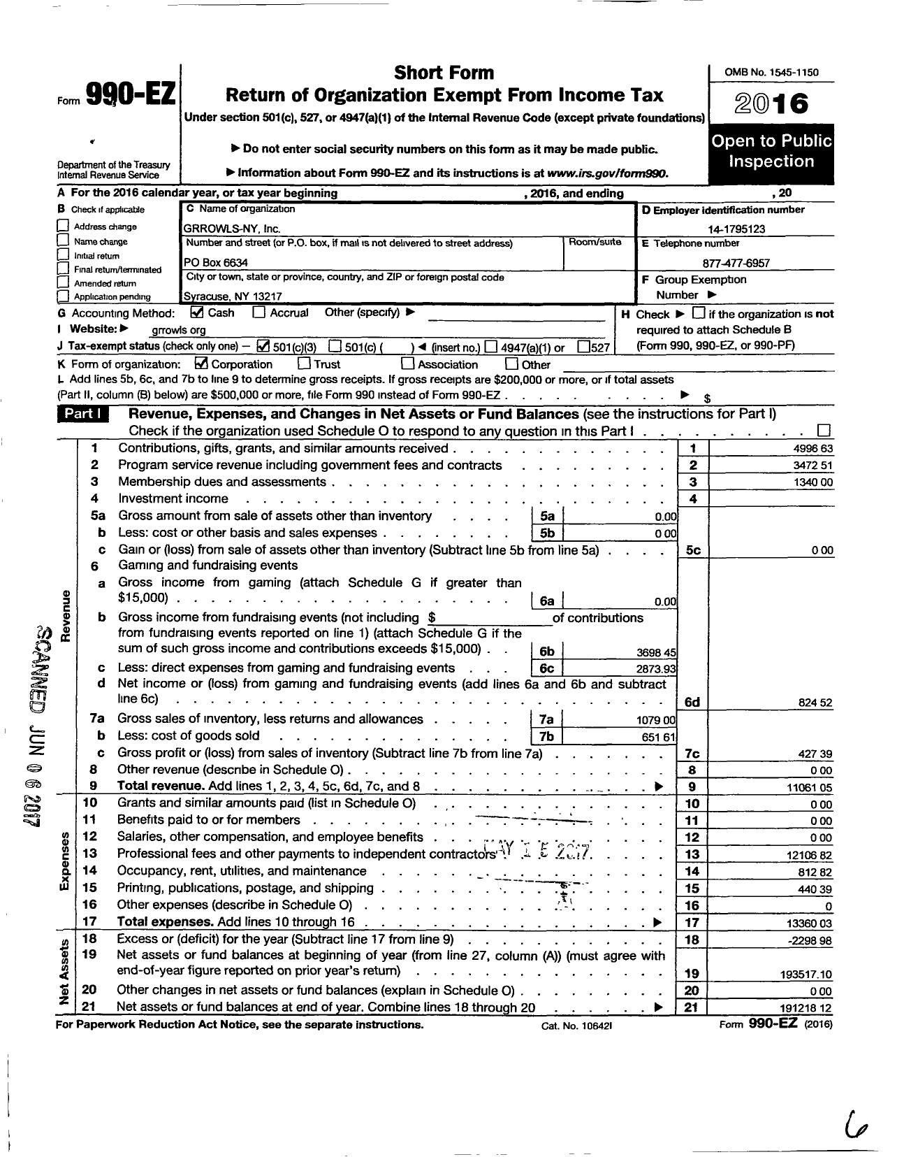 Image of first page of 2016 Form 990EZ for Grrowls-Ny