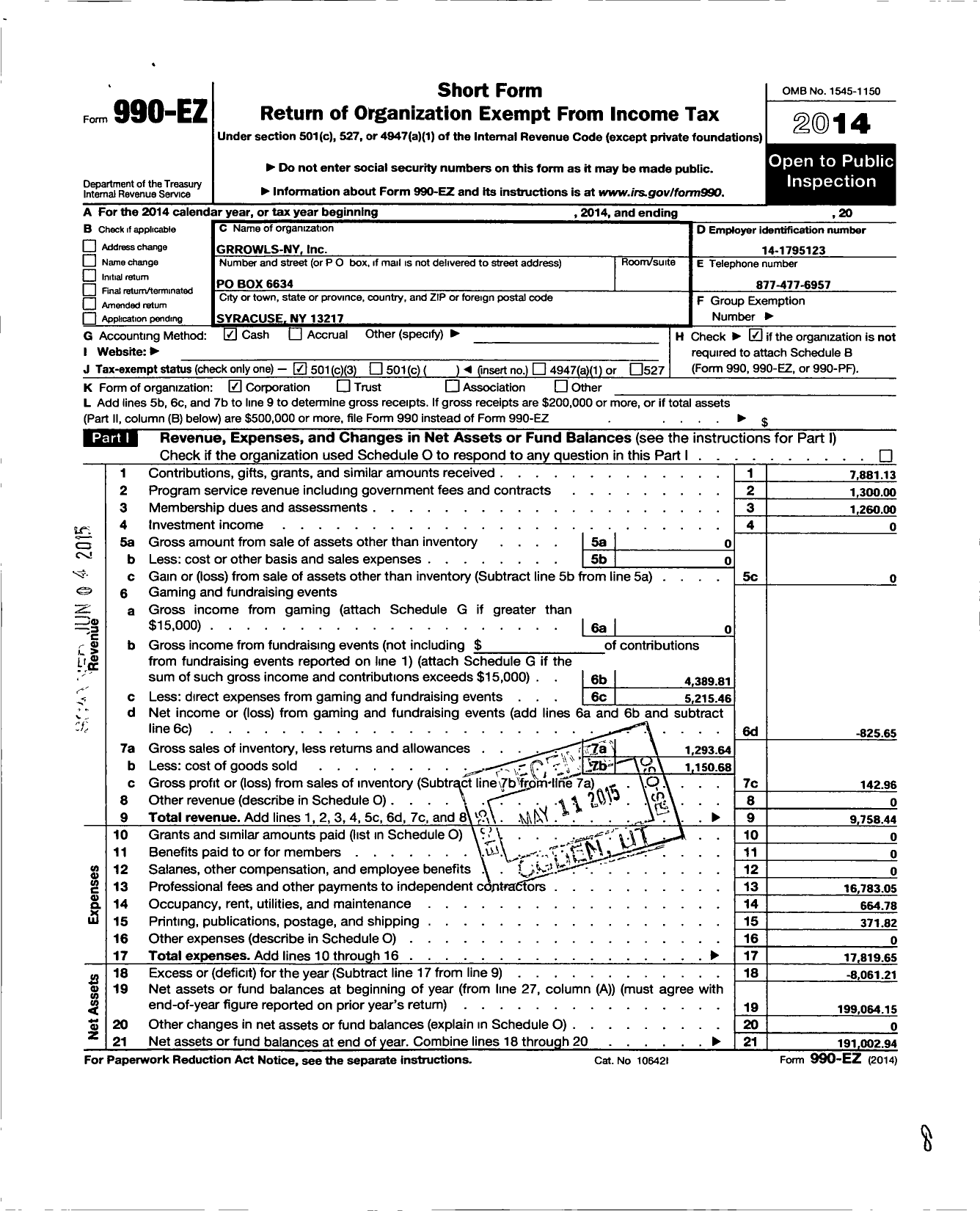 Image of first page of 2014 Form 990EZ for Grrowls-Ny