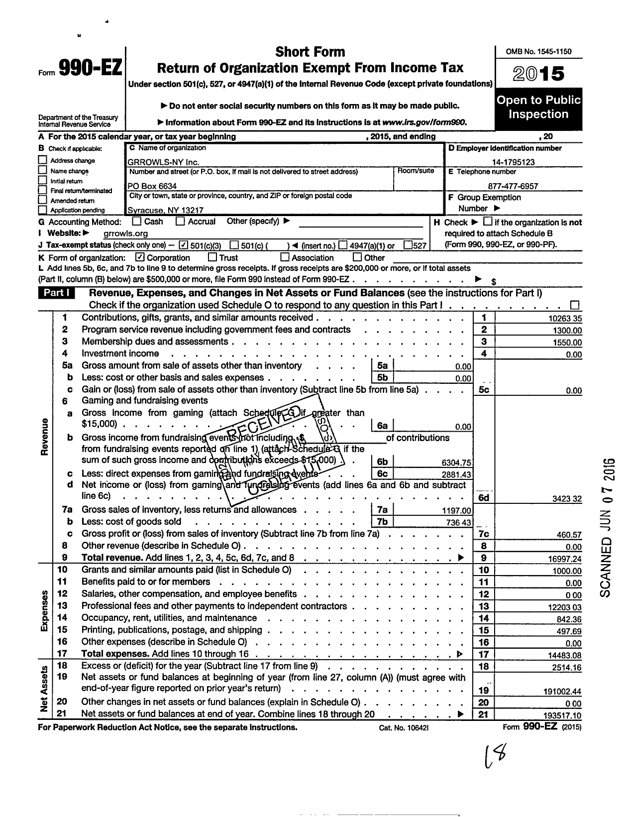 Image of first page of 2015 Form 990EZ for Grrowls-Ny