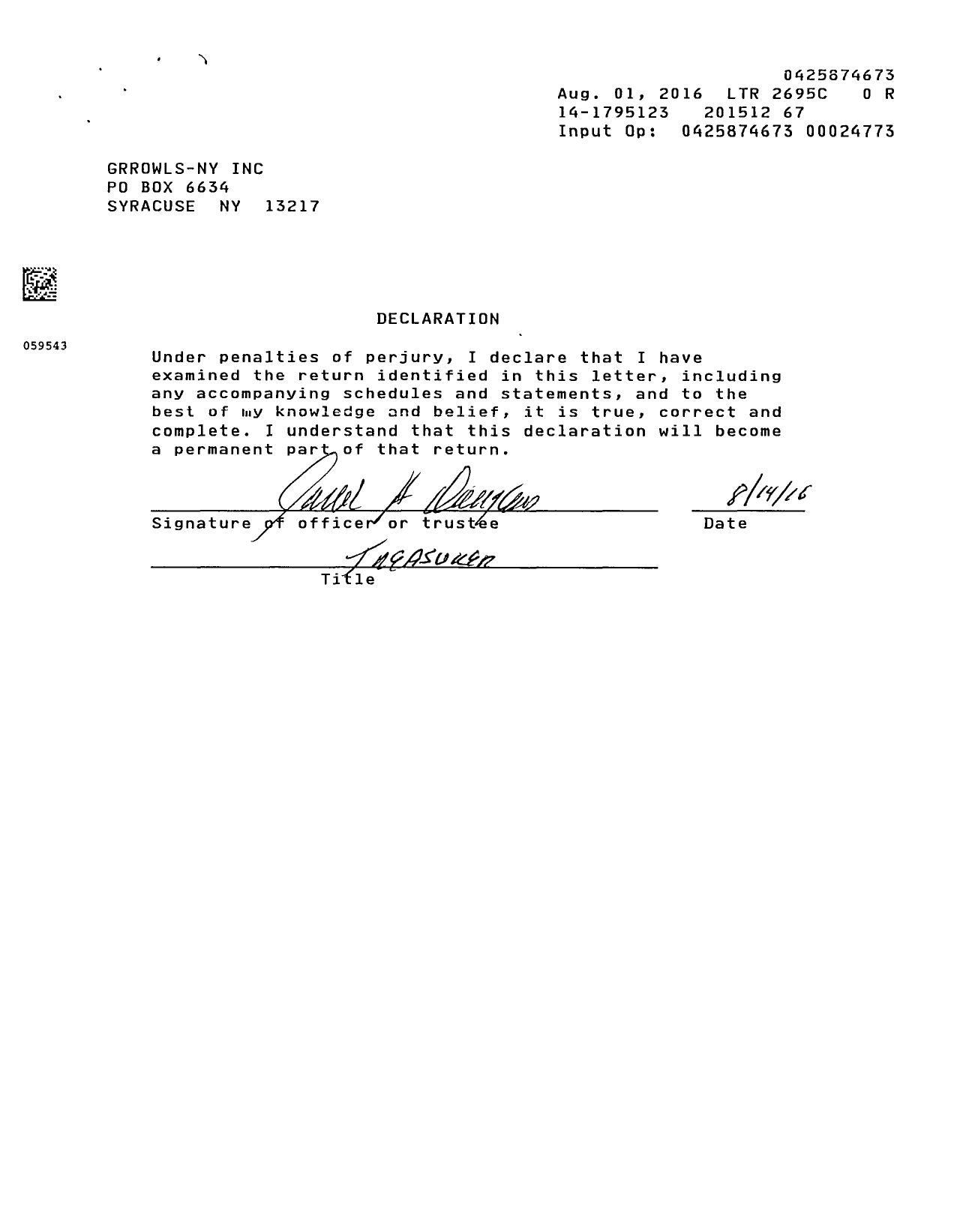 Image of first page of 2015 Form 990ER for Grrowls-Ny