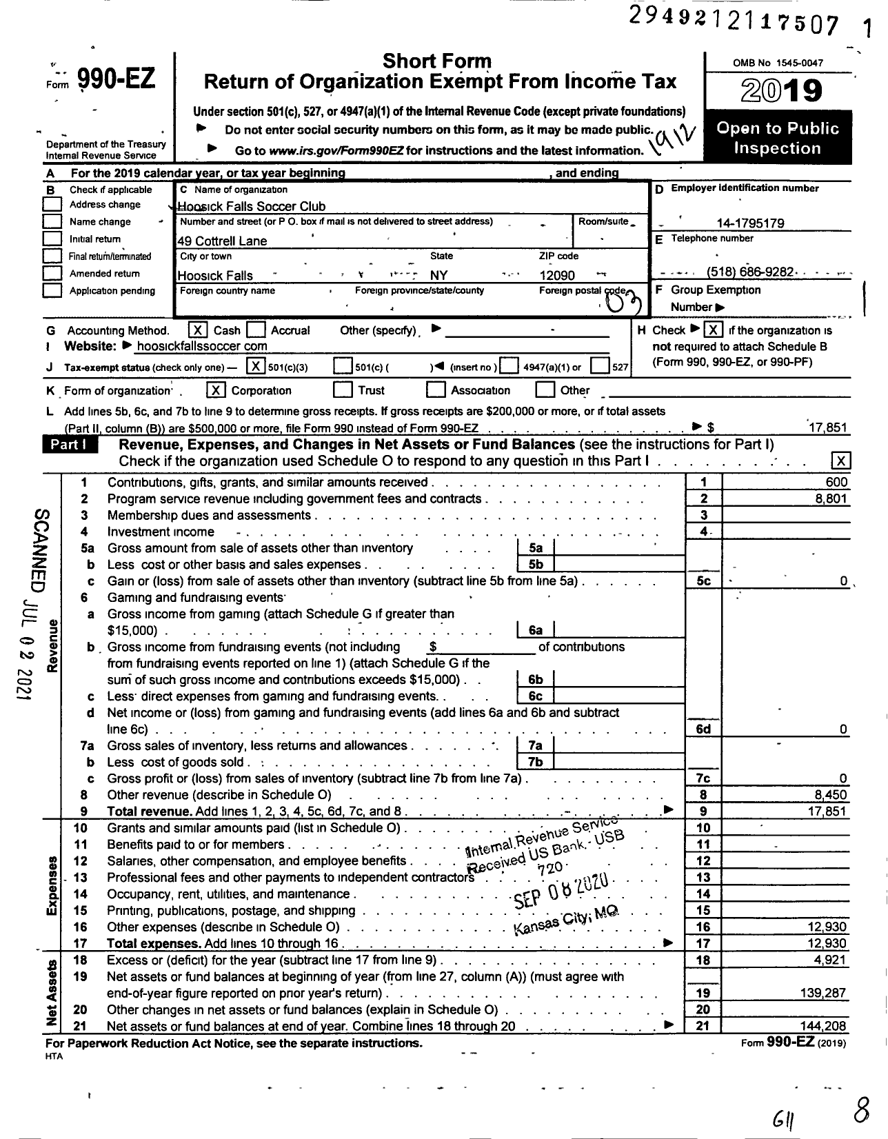 Image of first page of 2019 Form 990EZ for Hoosick Falls Soccer Club