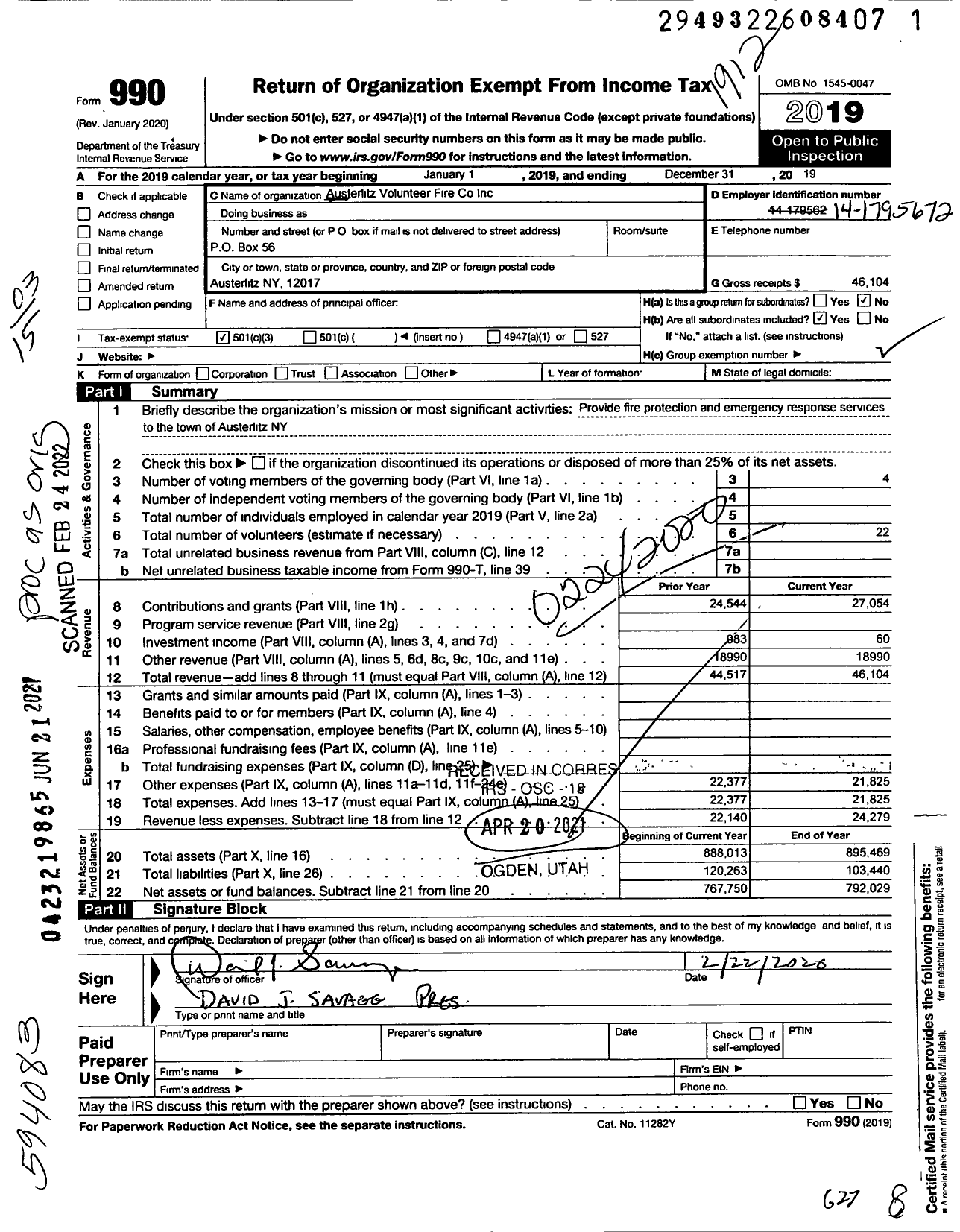 Image of first page of 2019 Form 990 for Austerlitz Volunteer Fire