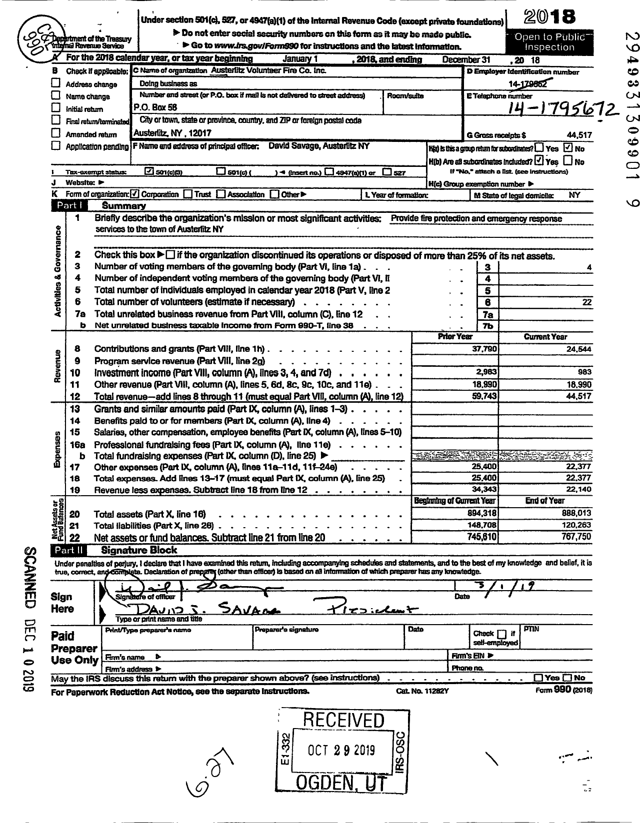 Image of first page of 2018 Form 990 for Austerlitz Volunteer Fire