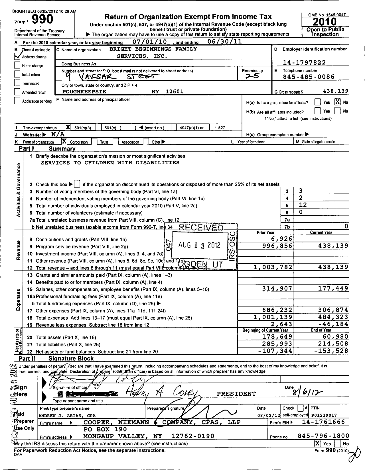 Image of first page of 2010 Form 990 for Bright Beginnings Family Services