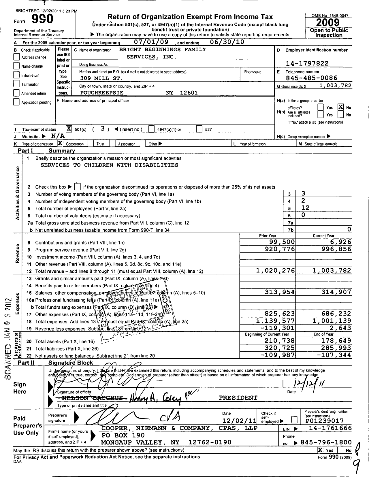 Image of first page of 2009 Form 990 for Bright Beginnings Family Services