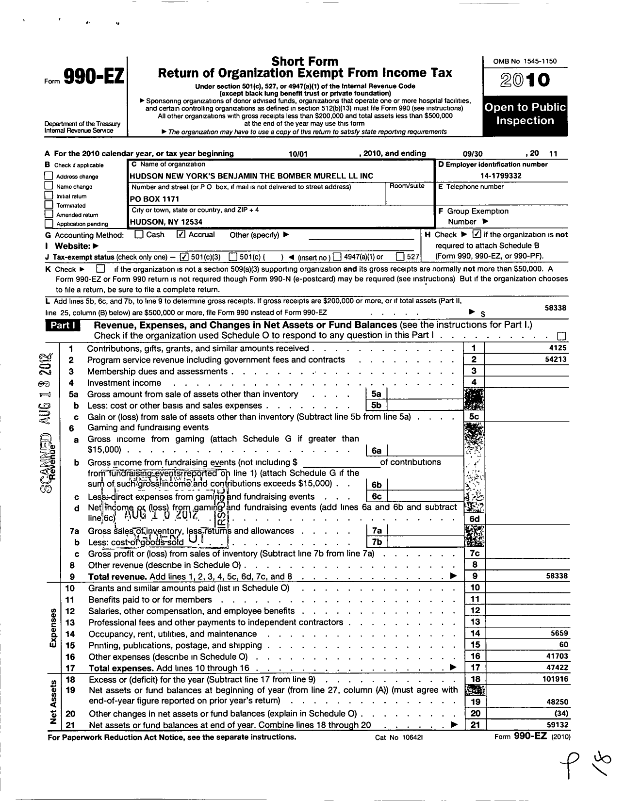 Image of first page of 2010 Form 990EZ for Little League Baseball - 2321506 Hudson LL
