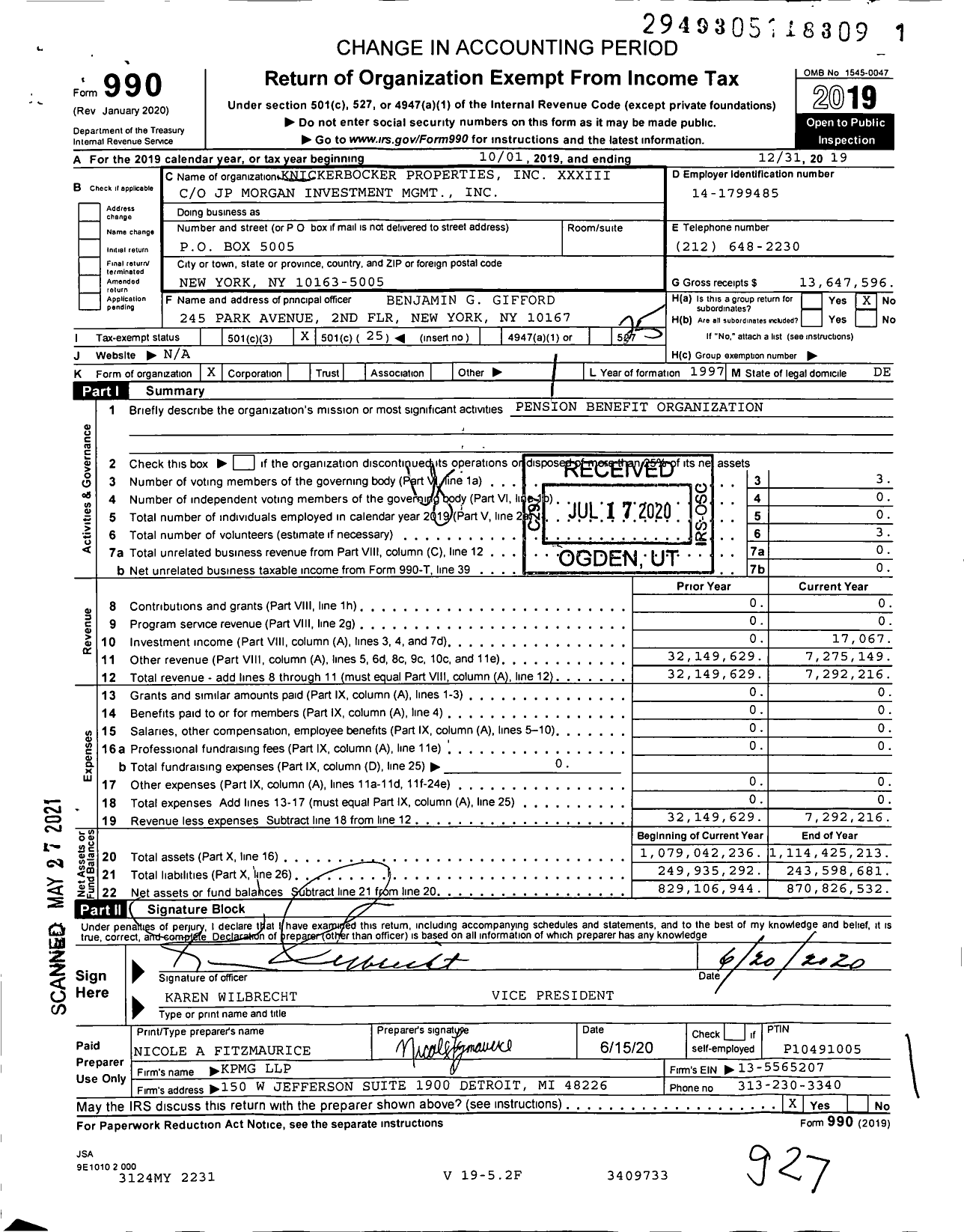 Image of first page of 2019 Form 990O for Knickerbocker Properties XXXIII