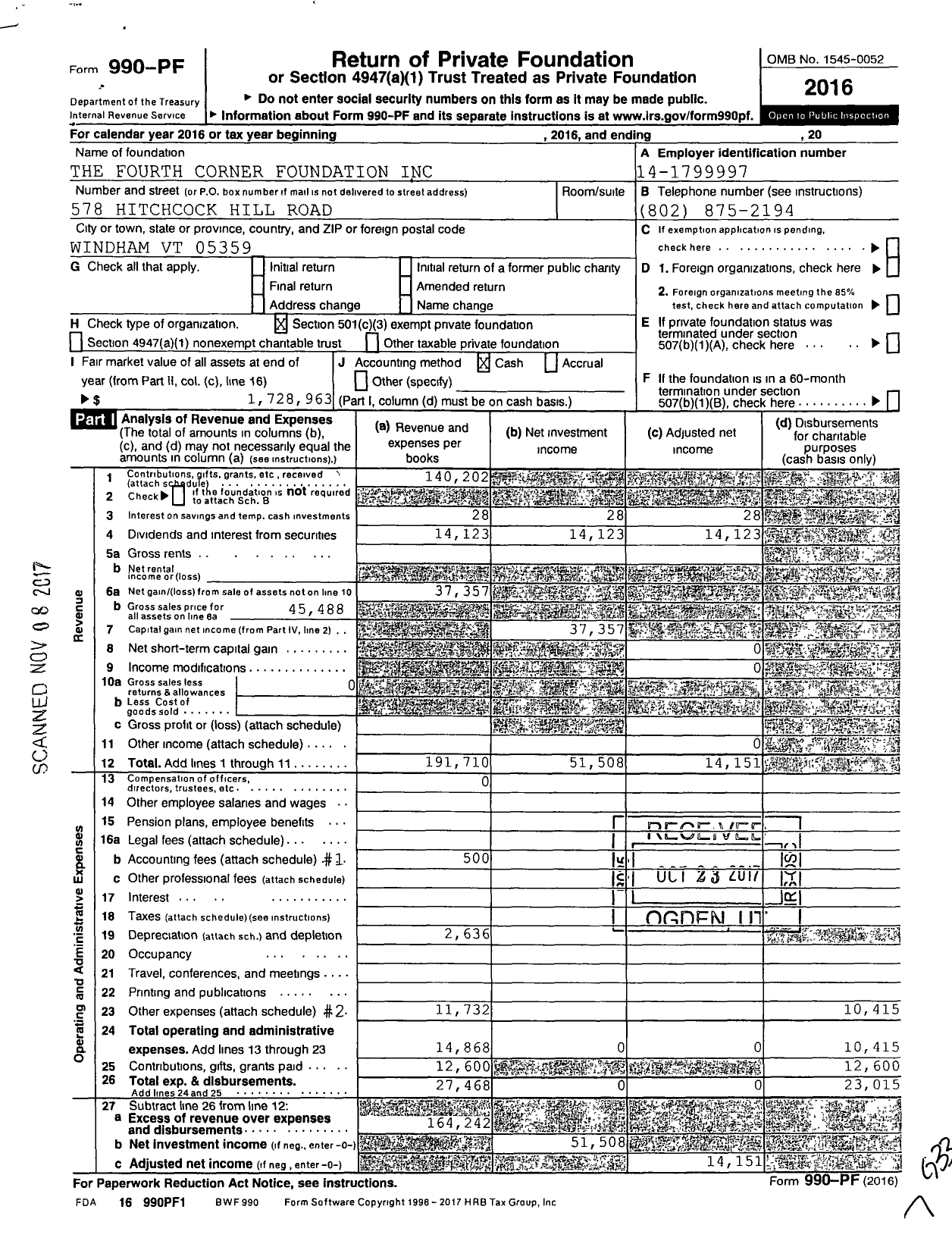 Image of first page of 2016 Form 990PF for The Fourth Corner Foundation