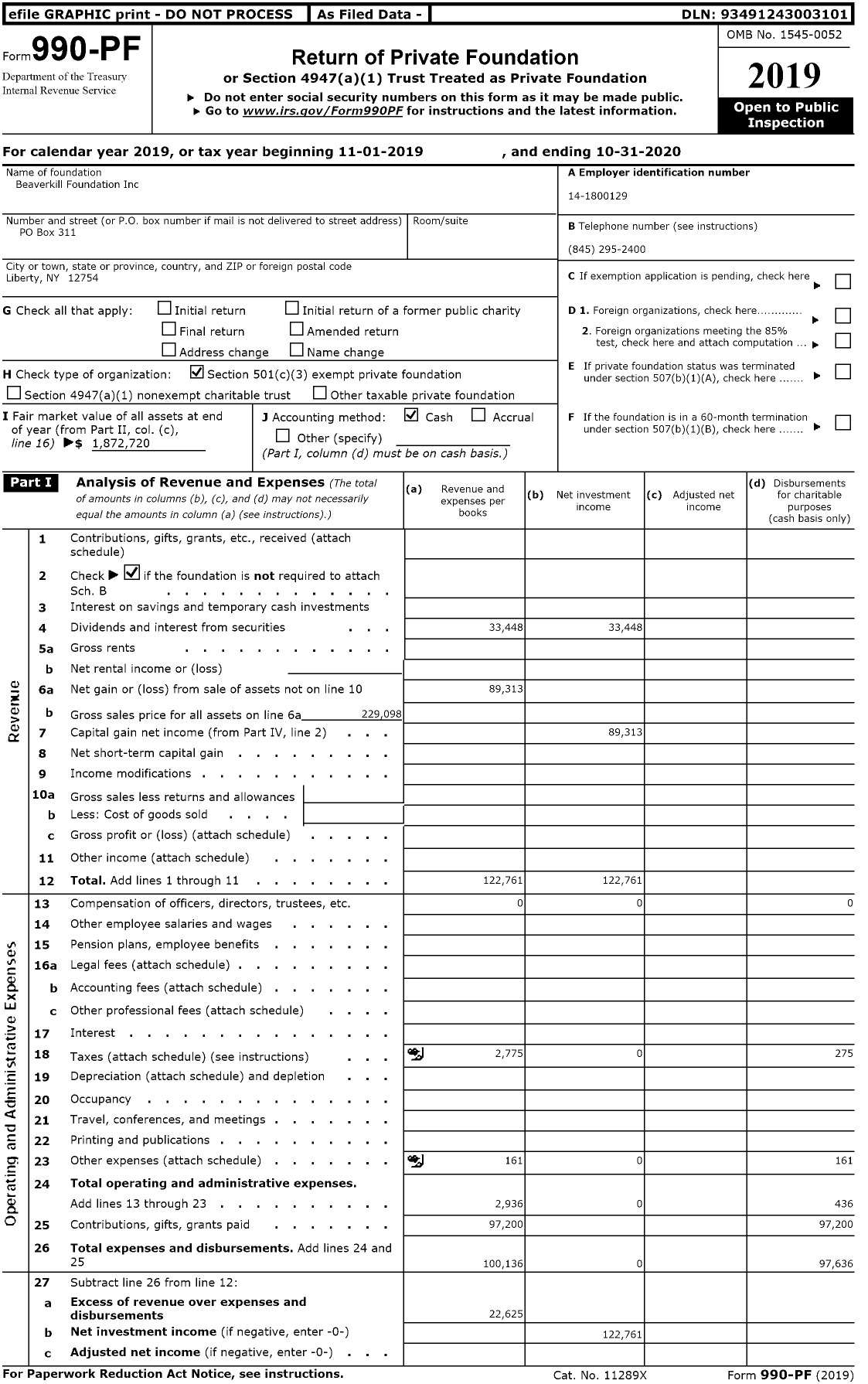 Image of first page of 2019 Form 990PF for Beaverkill Foundation