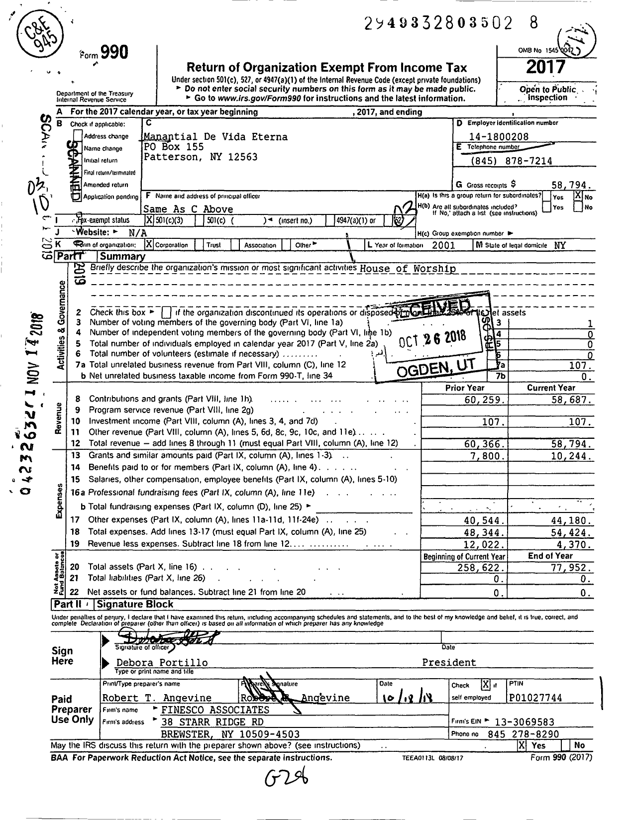 Image of first page of 2017 Form 990 for Manantial de Vida Eterna