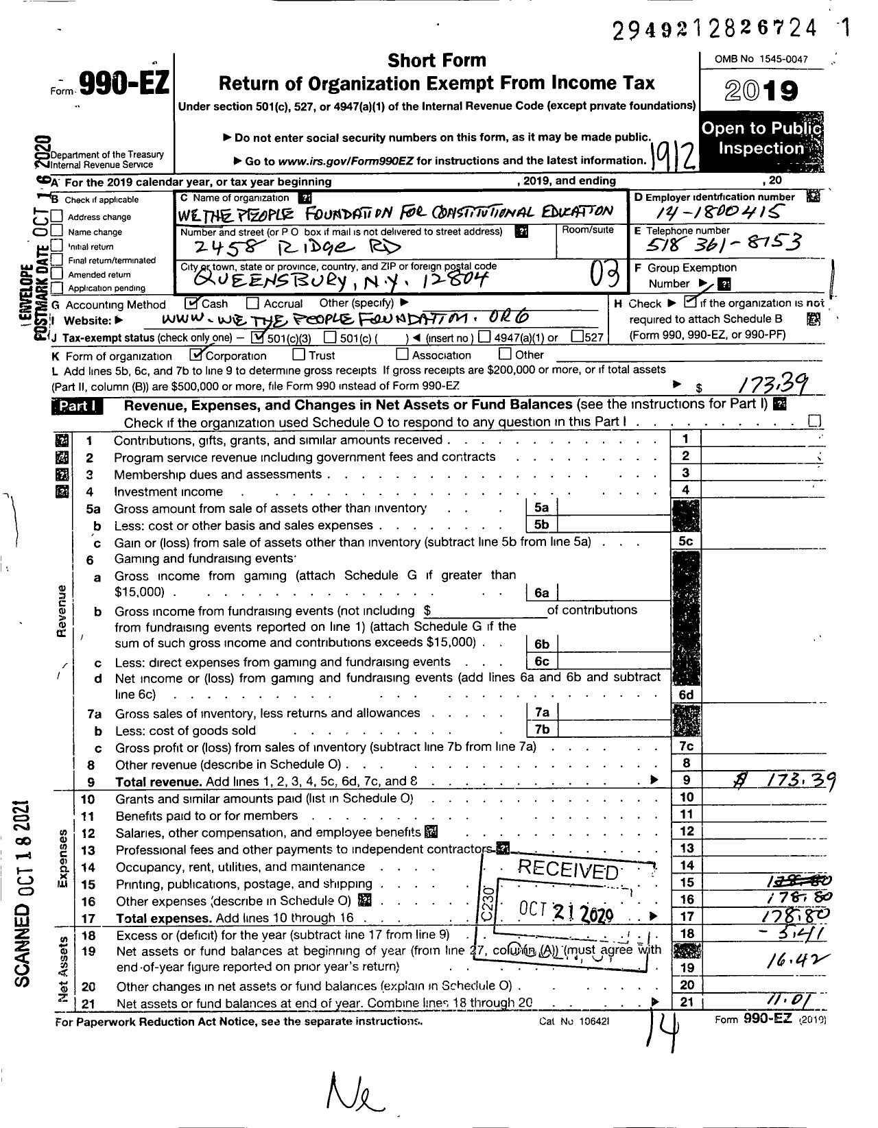 Image of first page of 2019 Form 990EZ for We the People Foundation for Constitional Education