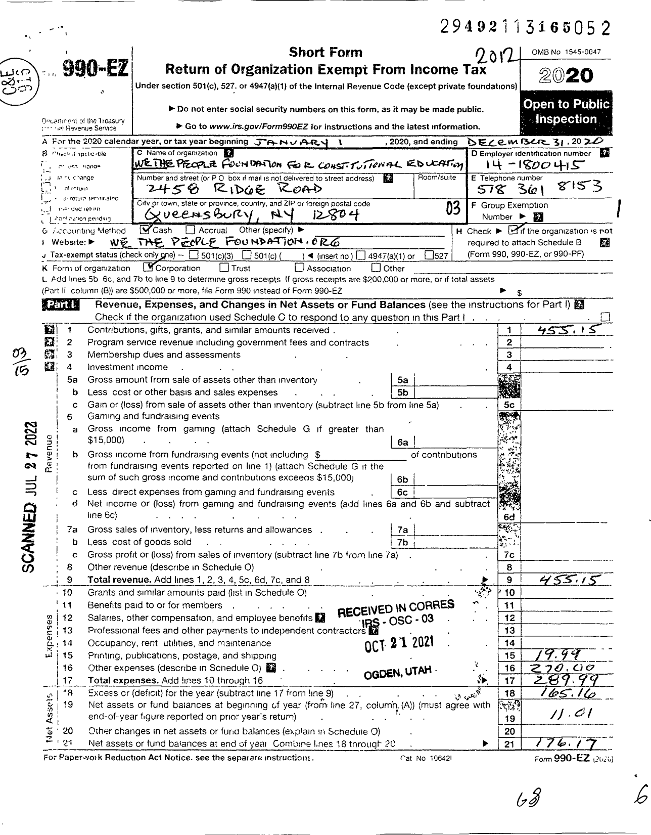 Image of first page of 2020 Form 990EZ for We the People Foundation for Constitional Education