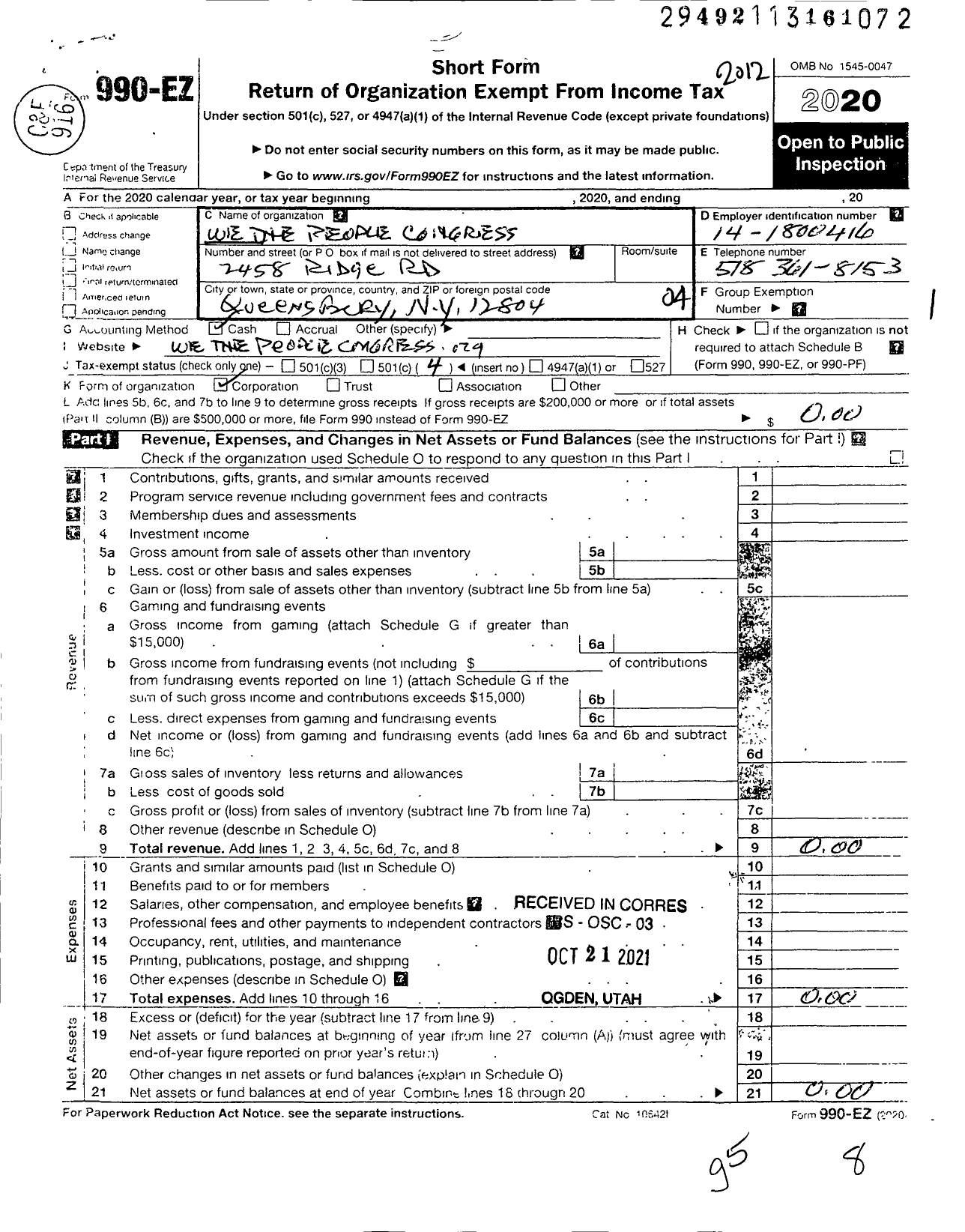 Image of first page of 2020 Form 990EO for We the People Congress