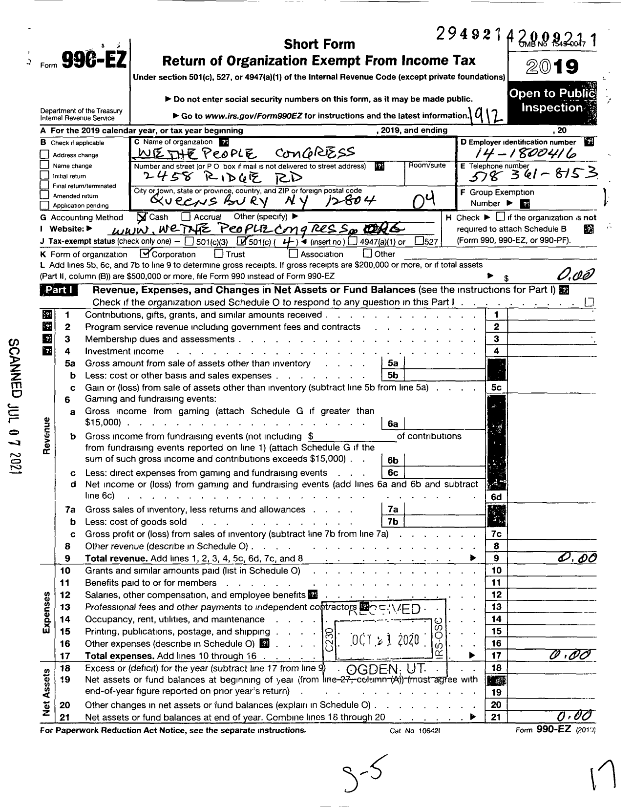 Image of first page of 2019 Form 990EO for We the People Congress