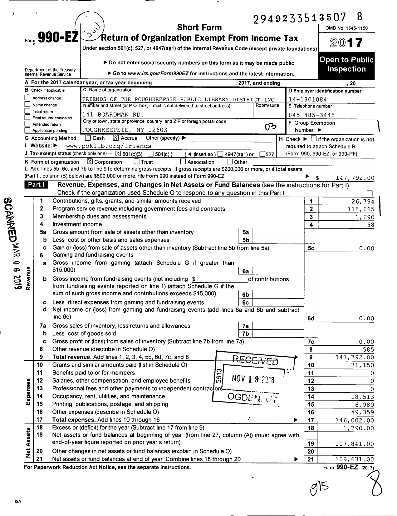 Image of first page of 2017 Form 990EZ for Friends of the Poughkeepsie Public Library District