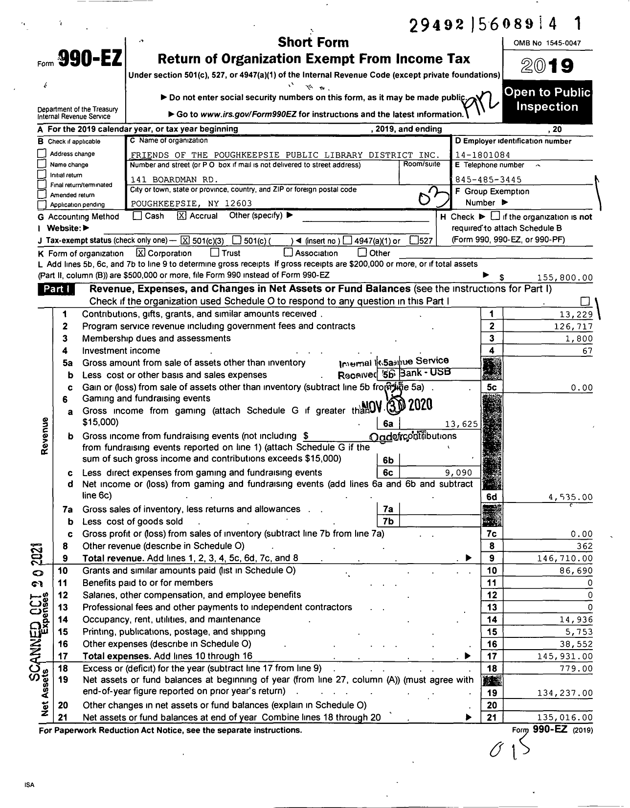 Image of first page of 2019 Form 990EZ for Friends of the Poughkeepsie Public Library District