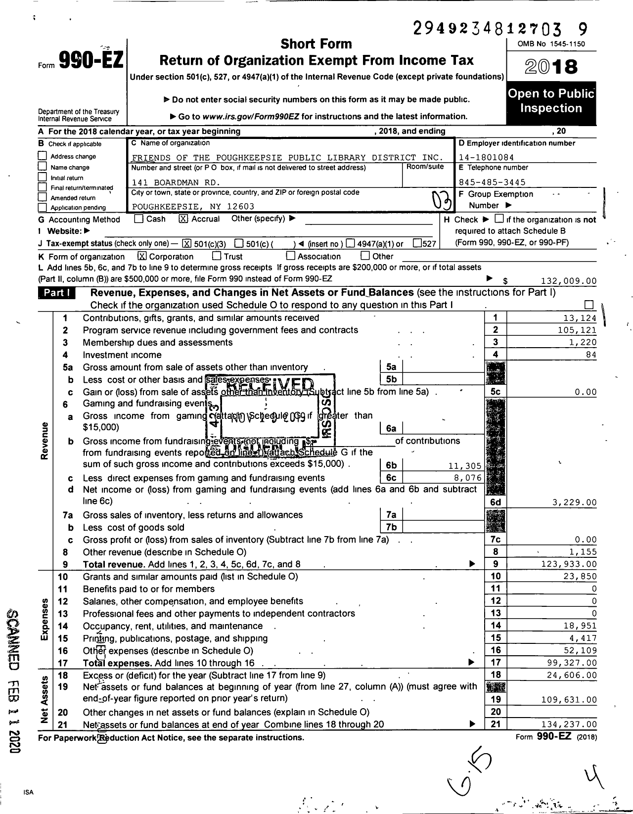 Image of first page of 2018 Form 990EZ for Friends of the Poughkeepsie Public Library District