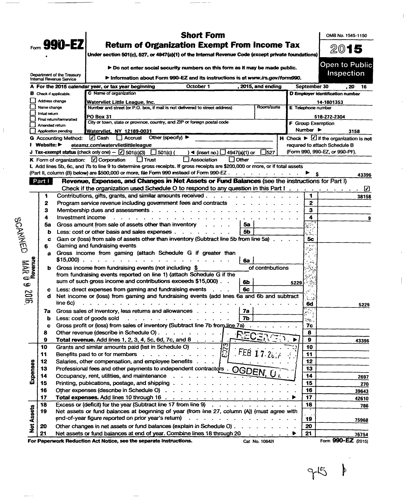 Image of first page of 2015 Form 990EZ for Little League Baseball - 2321417 Watervliet LL