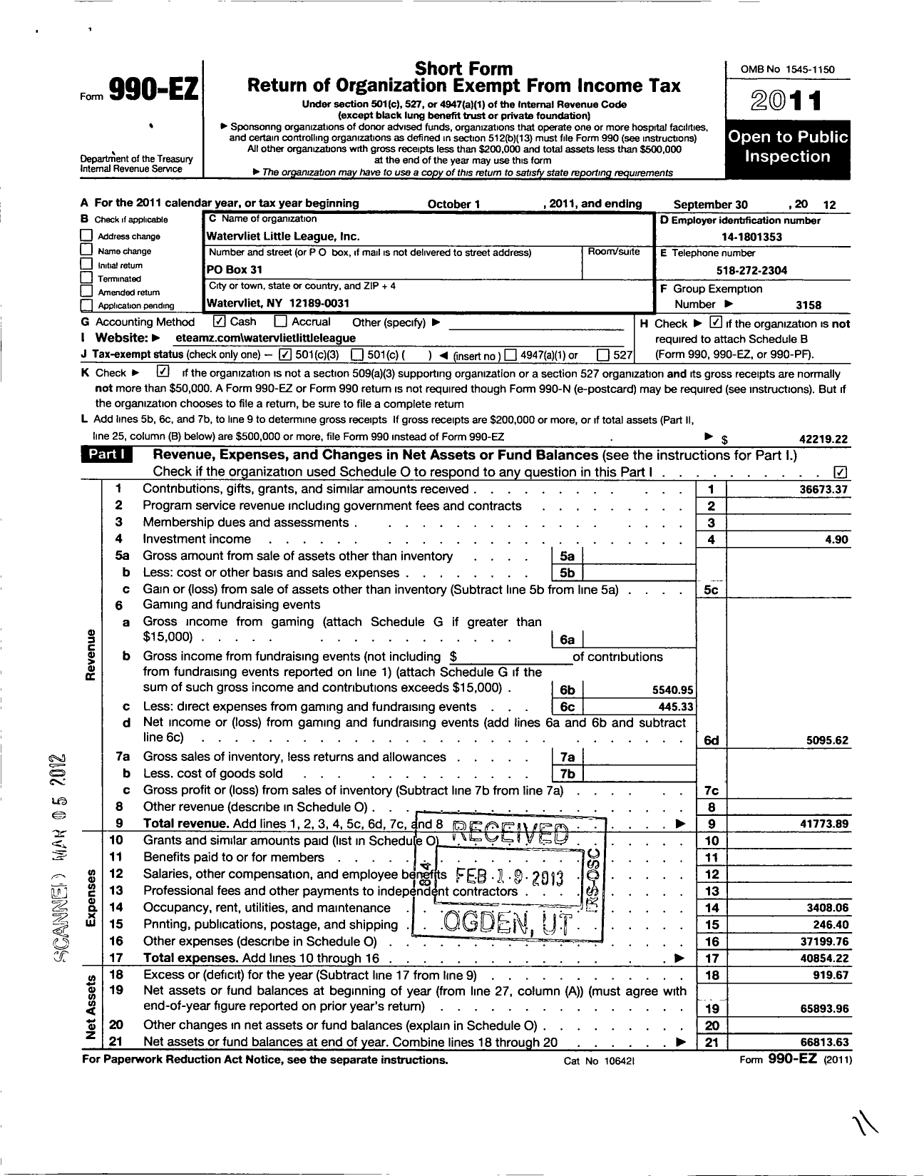 Image of first page of 2011 Form 990EZ for Little League Baseball - 2321417 Watervliet LL