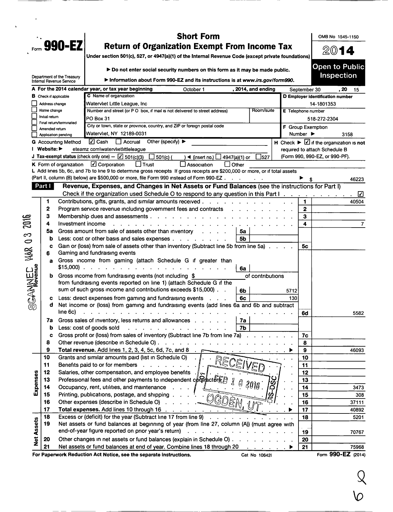 Image of first page of 2014 Form 990EZ for Little League Baseball - 2321417 Watervliet LL