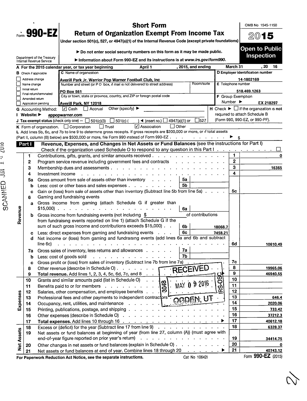 Image of first page of 2015 Form 990EO for Averill Park JR Warrior Pop Warner Football Club