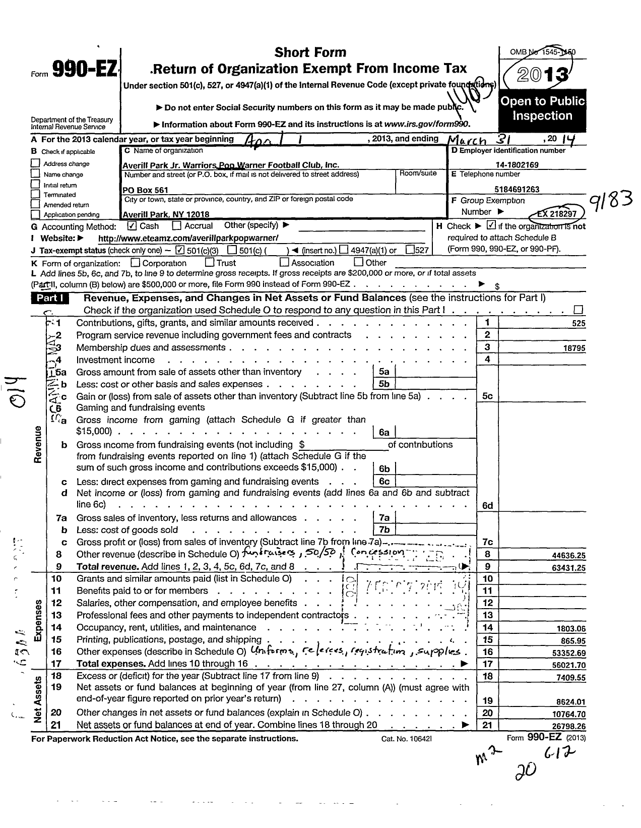 Image of first page of 2013 Form 990EZ for Averill Park JR Warrior Pop Warner Football Club