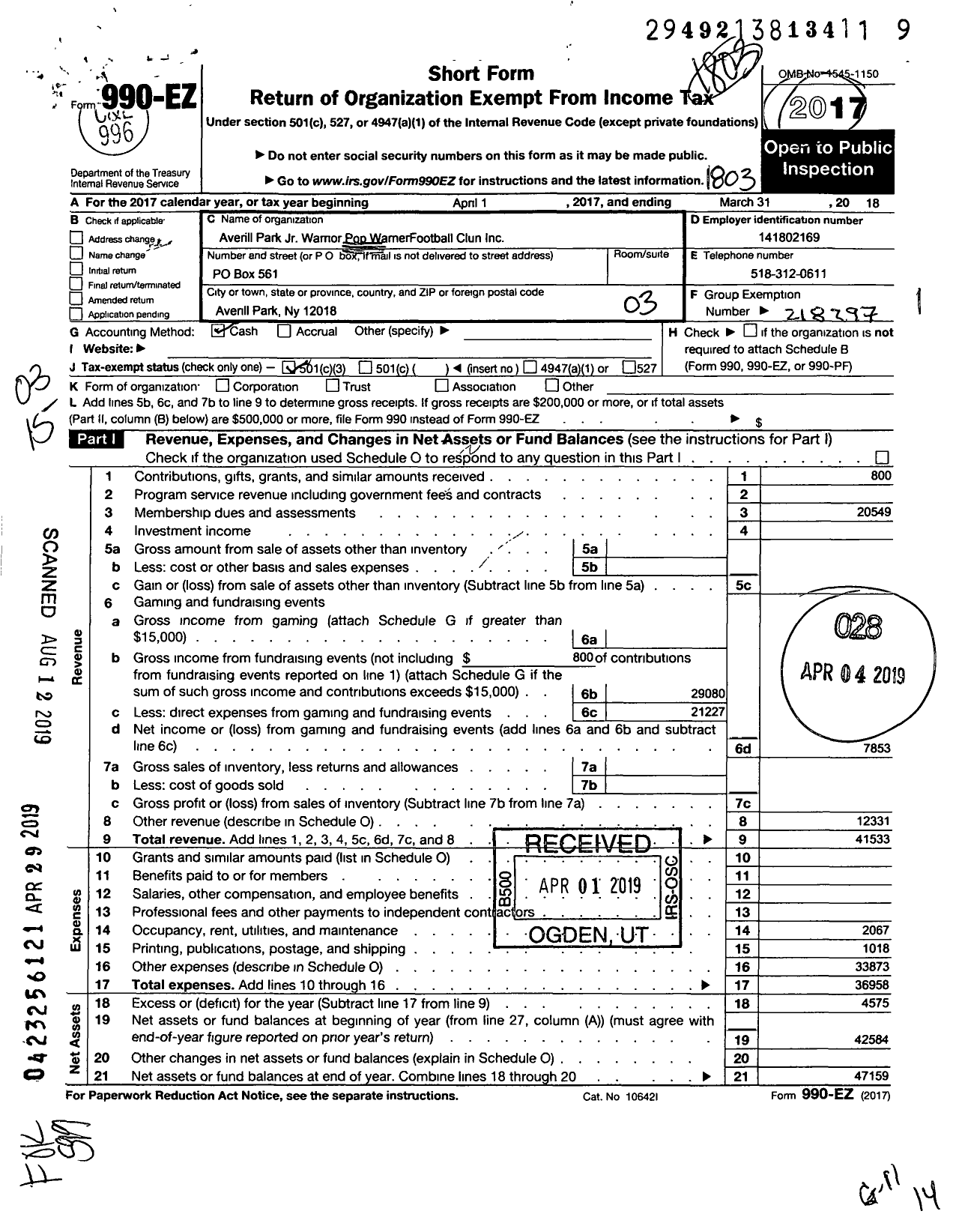 Image of first page of 2017 Form 990EZ for Averill Park JR Warrior Pop Warner Football Club