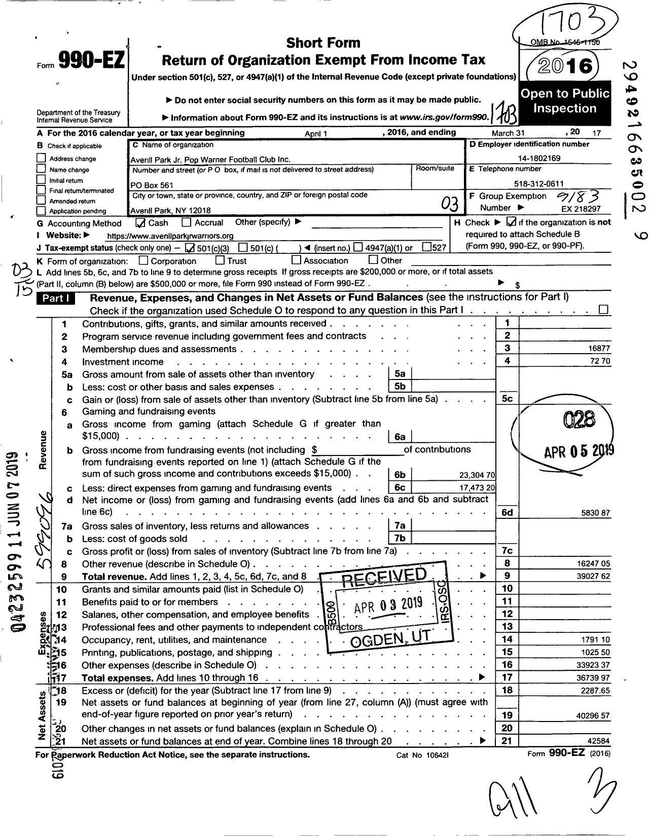 Image of first page of 2016 Form 990EZ for Averill Park JR Warrior Pop Warner Football Club