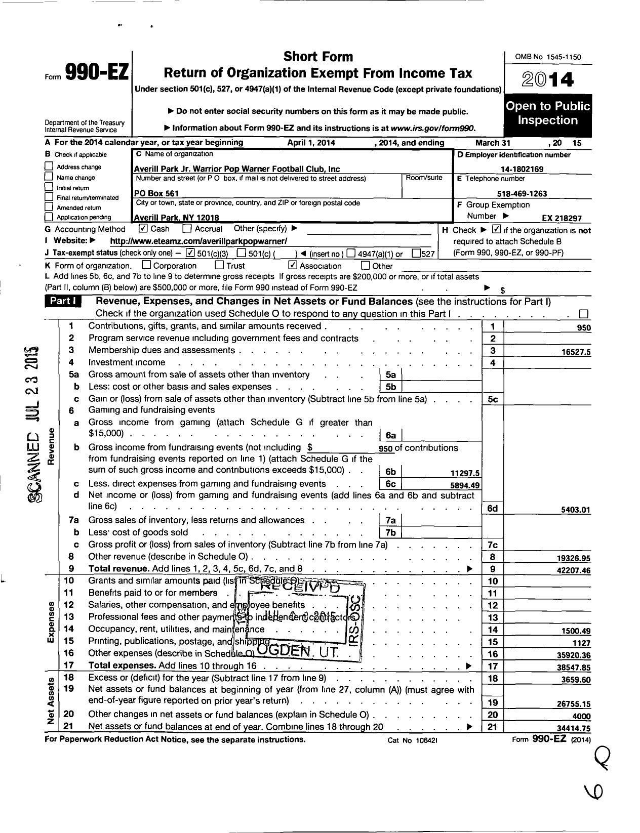 Image of first page of 2014 Form 990EZ for Averill Park JR Warrior Pop Warner Football Club