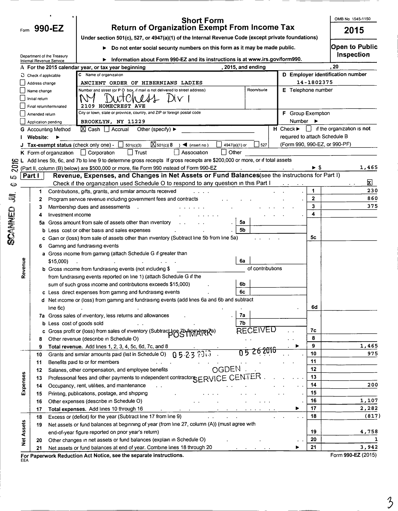 Image of first page of 2015 Form 990EO for Ancient Order of Hibernians Ladies / 1 Div Dutchess Co Ny