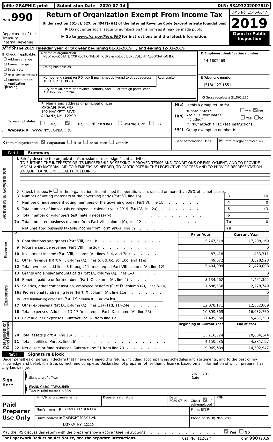 Image of first page of 2019 Form 990 for New York State Correctional Officers and Police Benevolent Association