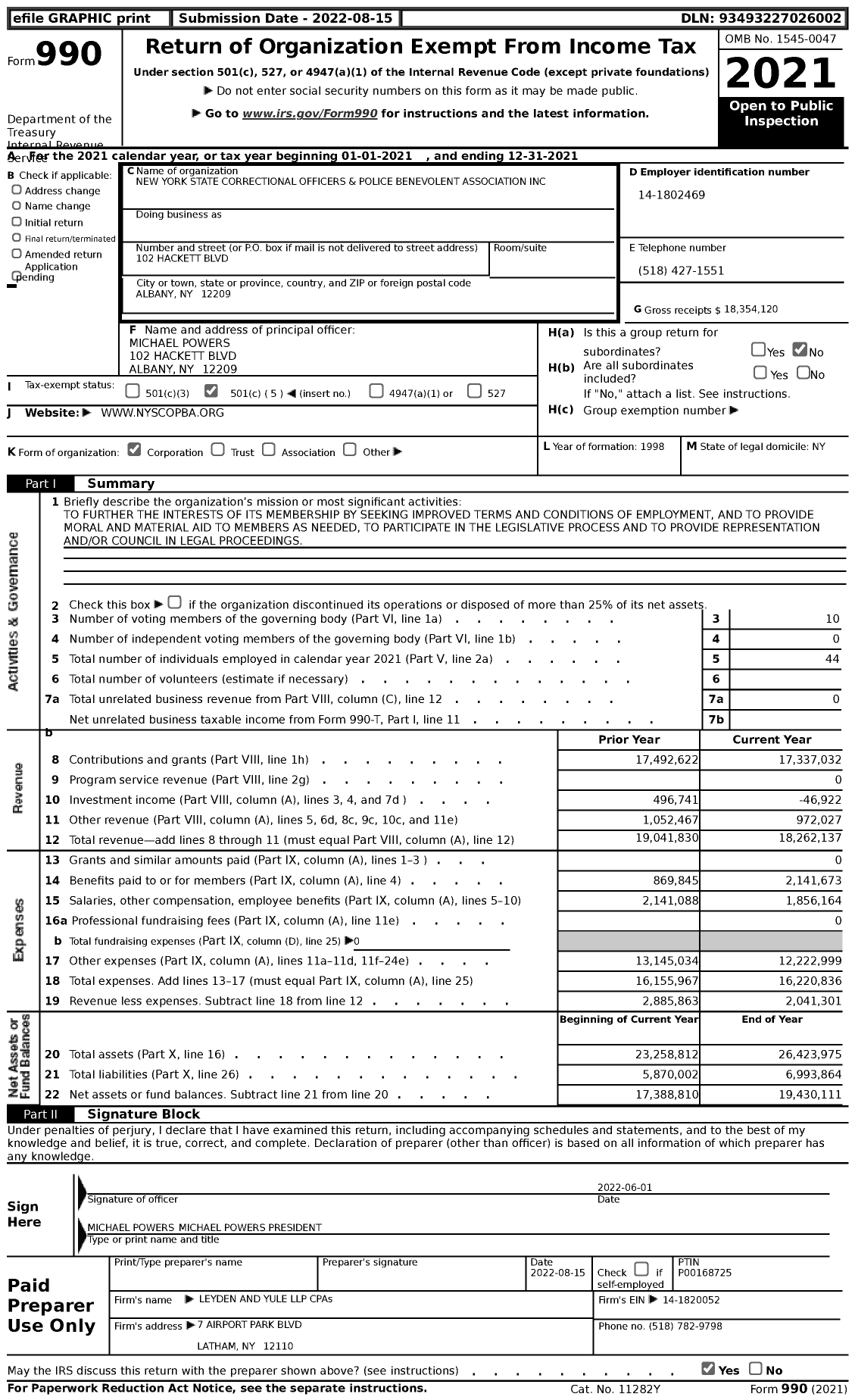 Image of first page of 2021 Form 990 for New York State Correctional Officers and Police Benevolent Association
