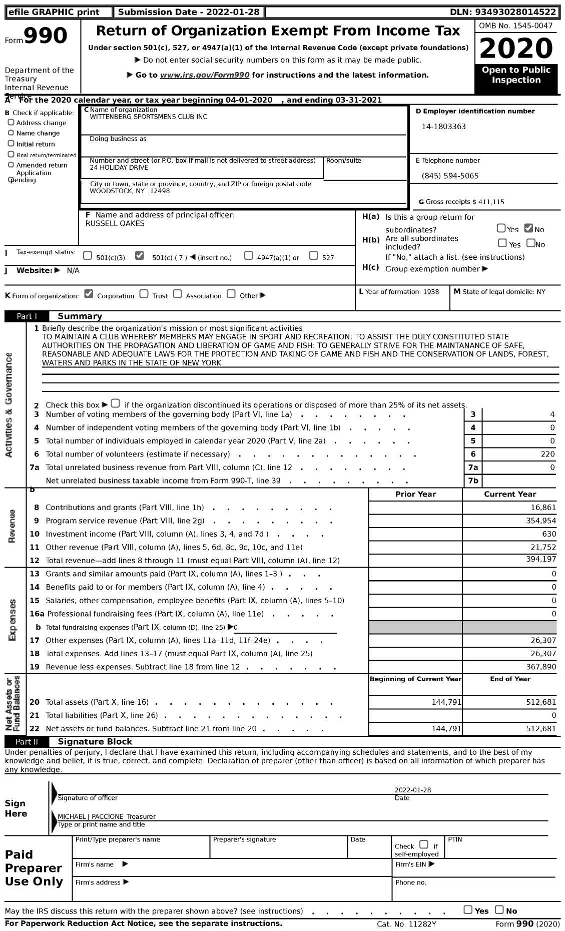 Image of first page of 2020 Form 990 for Wittenberg Sportsmens Club