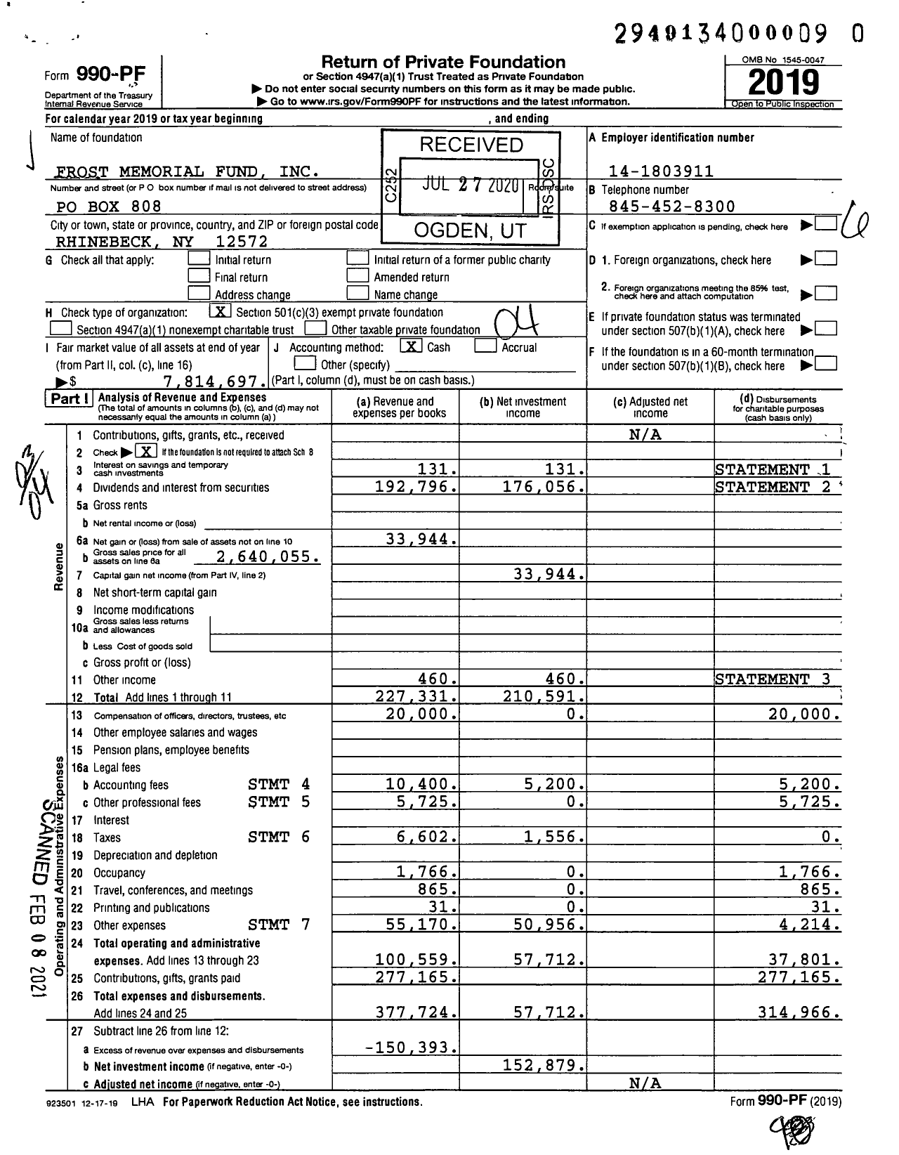 Image of first page of 2019 Form 990PF for Frost Memorial Fund