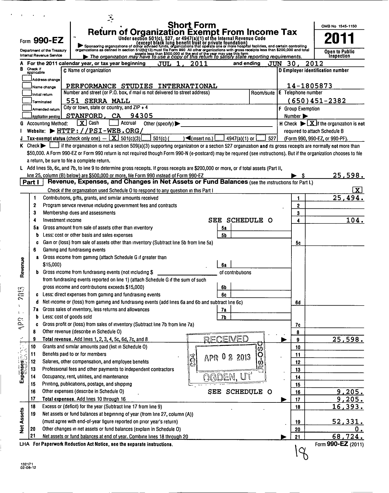 Image of first page of 2011 Form 990EZ for Performance Studies International