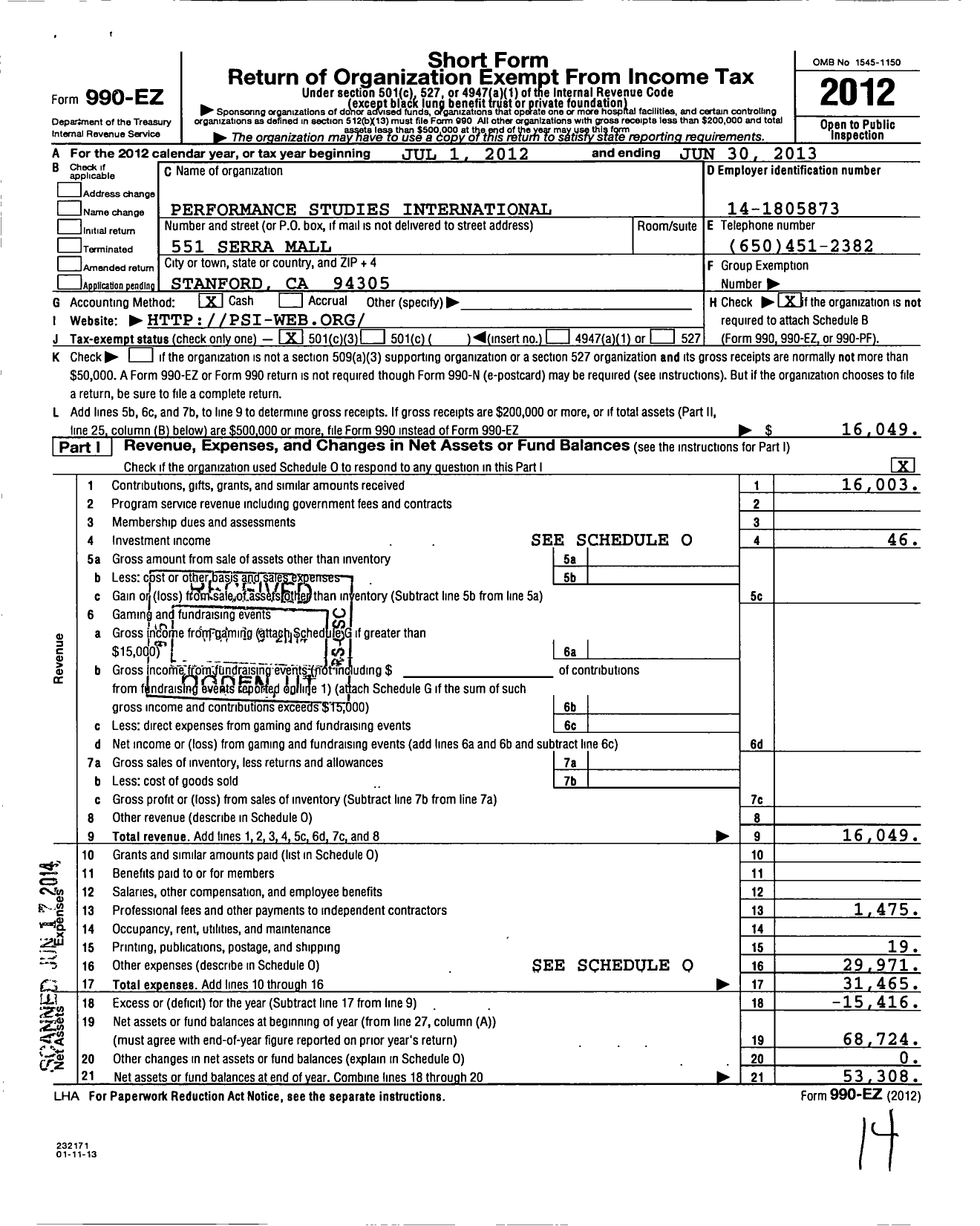 Image of first page of 2012 Form 990EZ for Performance Studies International