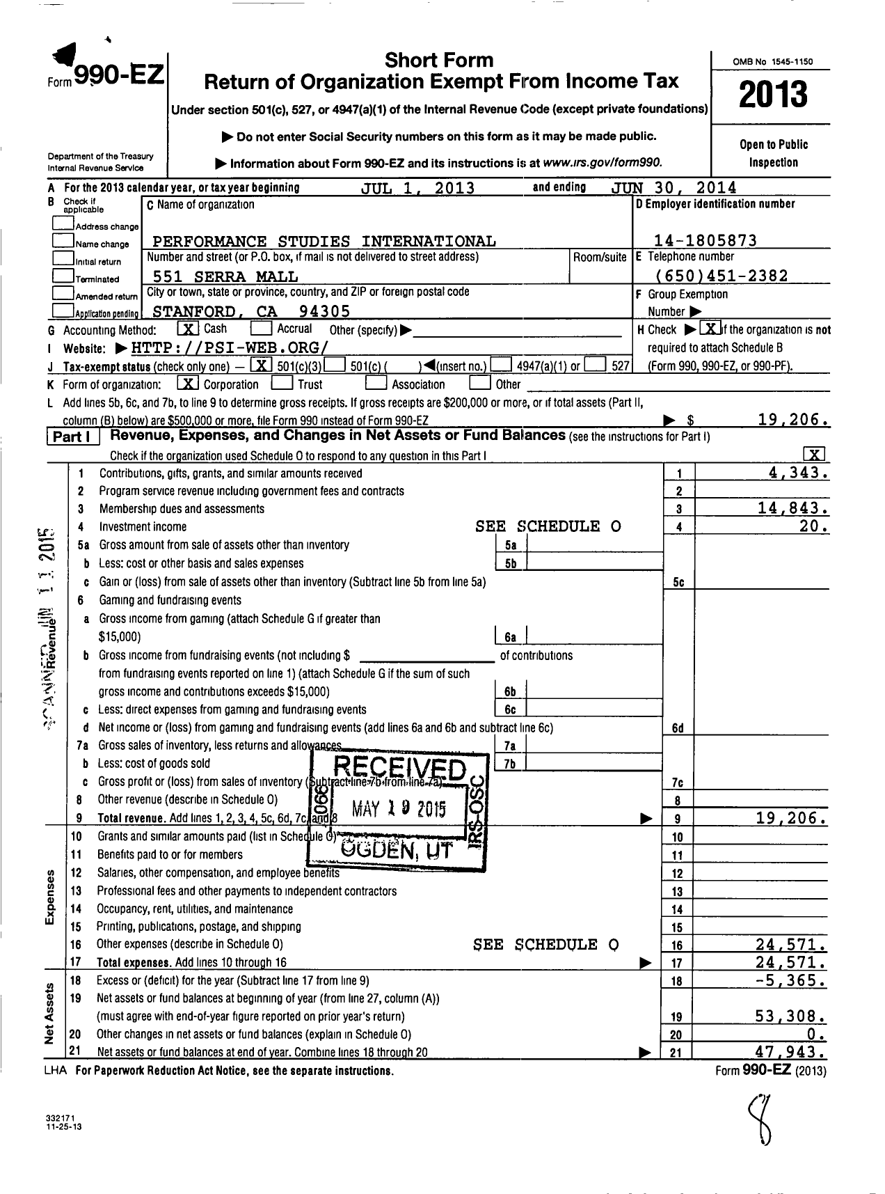 Image of first page of 2013 Form 990EZ for Performance Studies International